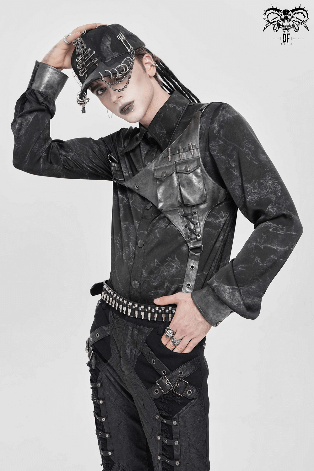 Goth Button-Up Shirt with PU Harness and Belt Detail