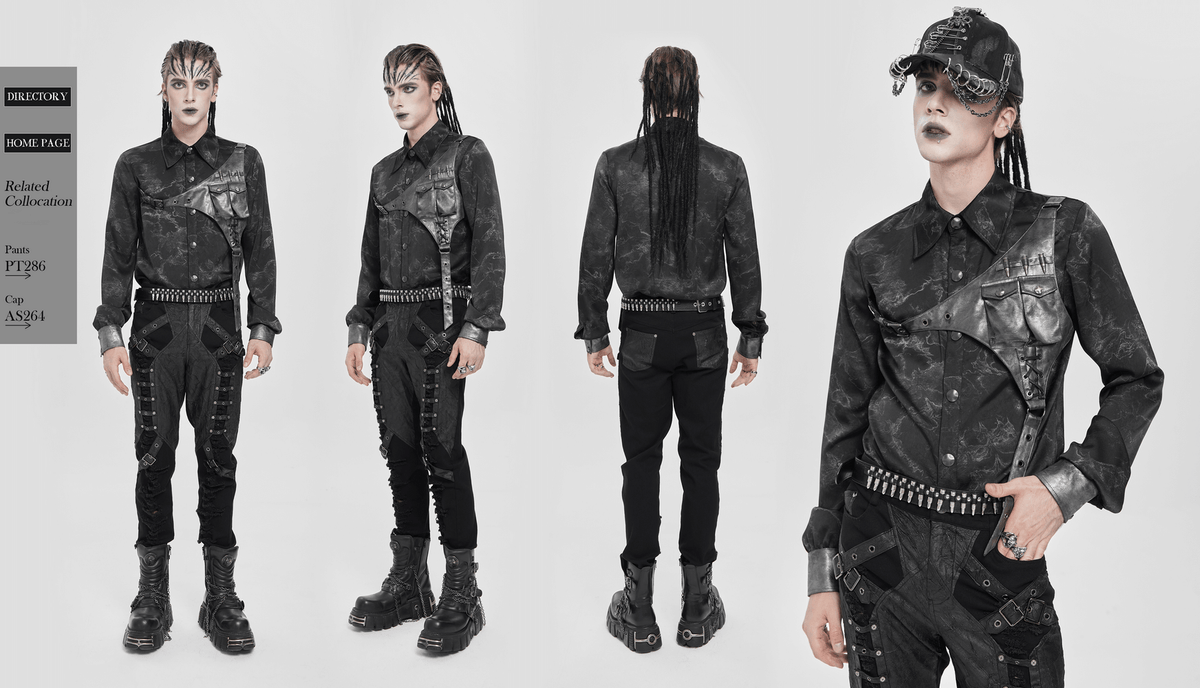 Goth Button-Up Shirt with PU Harness and Belt Detail