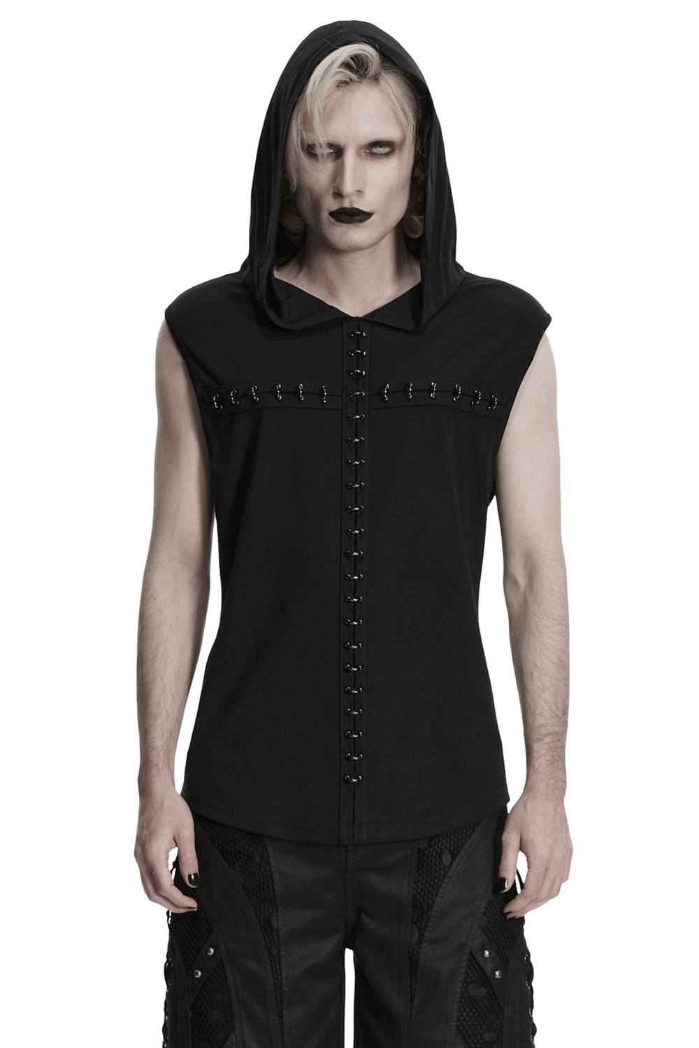 Goth Dark Top with Punk Hood and Hooked Chest Details