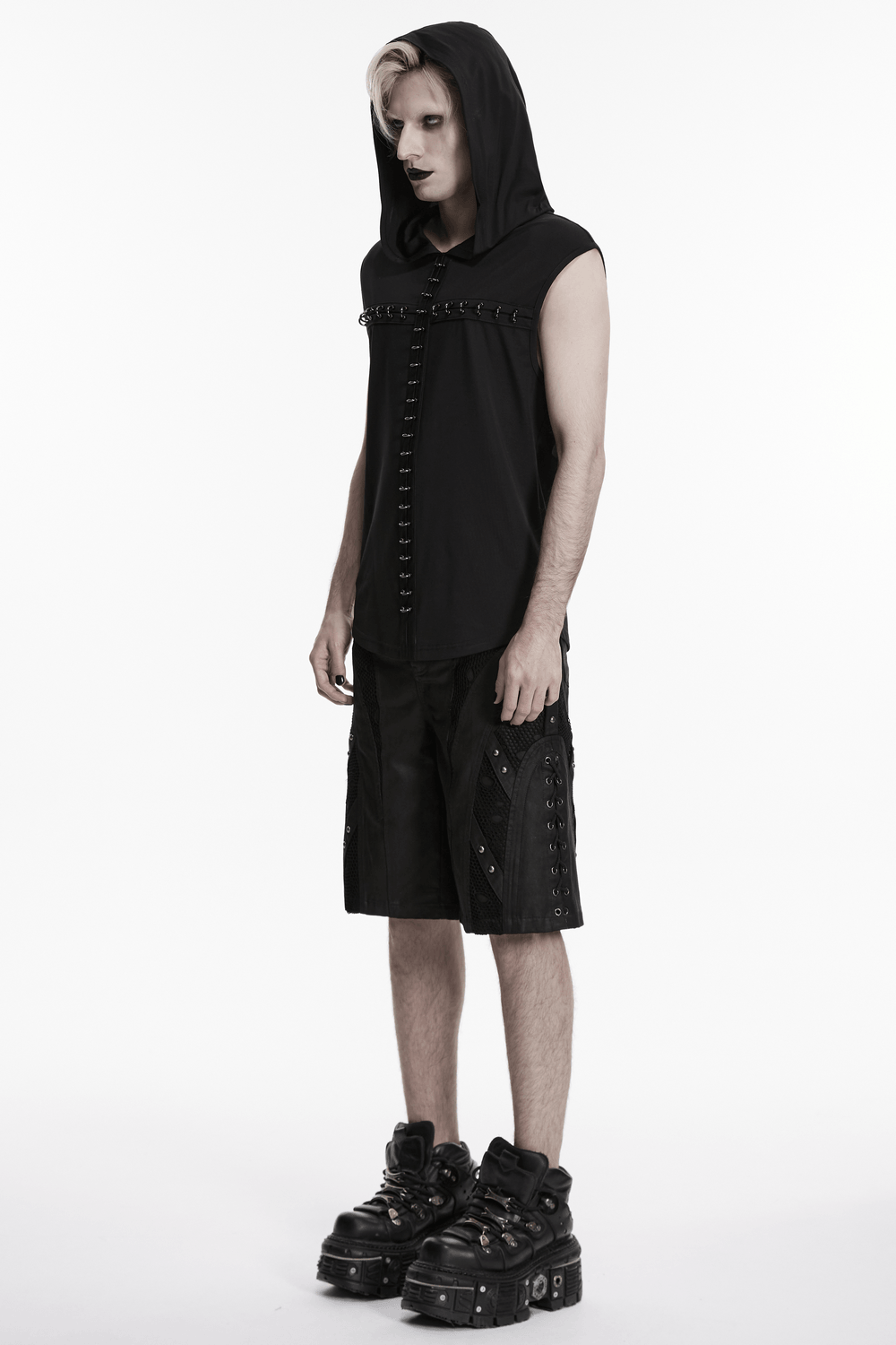 Goth Dark Top with Punk Hood and Hooked Chest Details