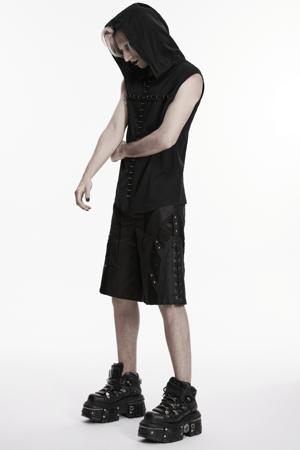 Goth Dark Top with Punk Hood and Hooked Chest Details