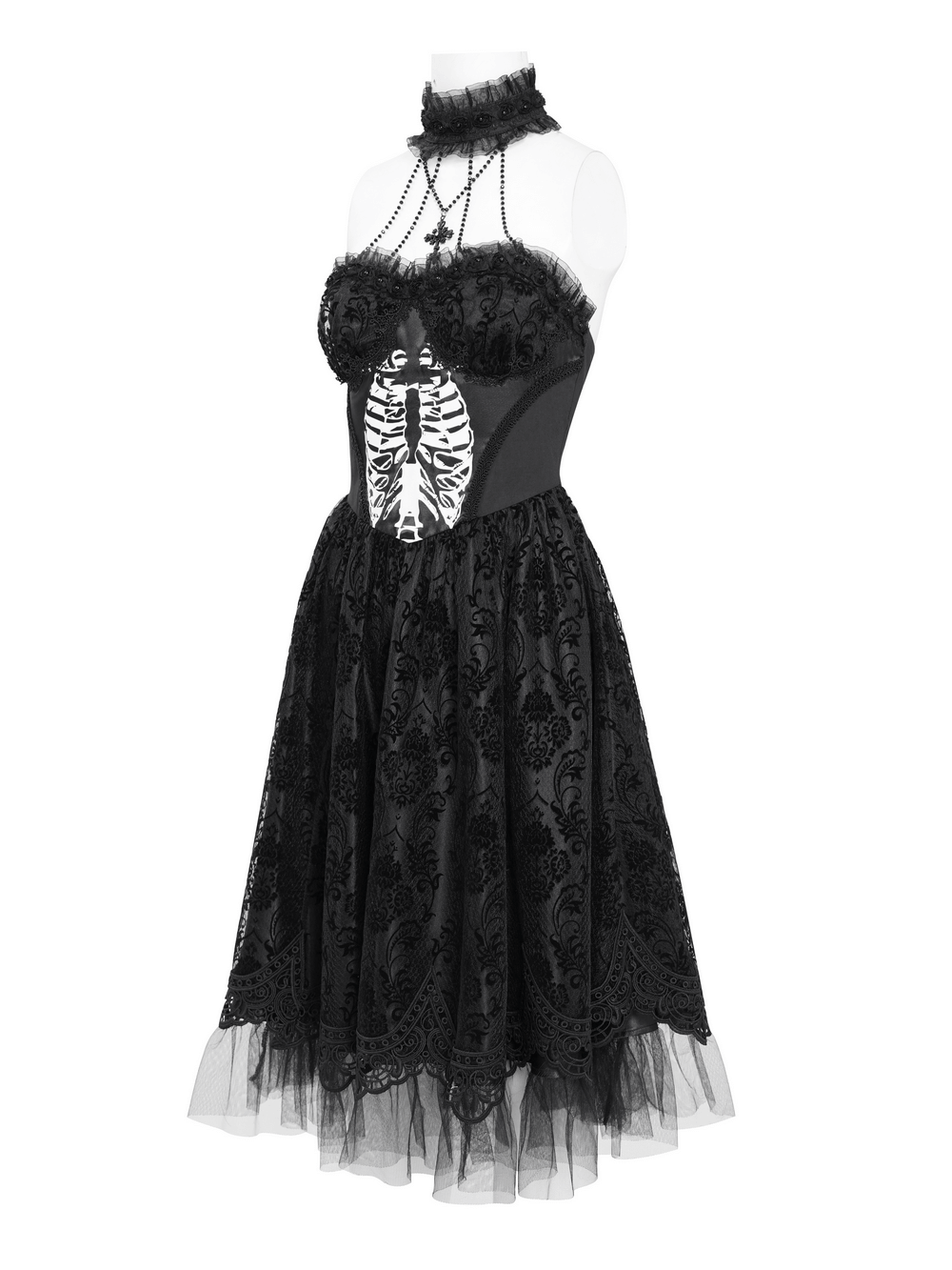 Goth Halter Dress with Lace Overlay and Tulle Skirt