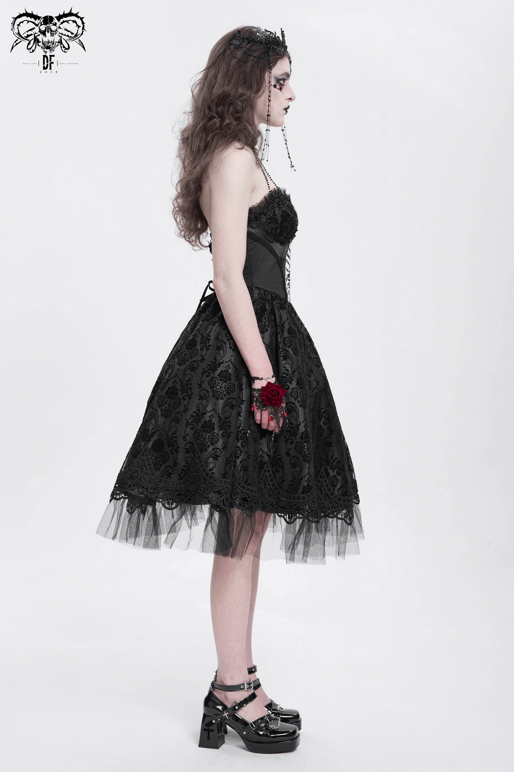 Goth Halter Dress with Lace Overlay and Tulle Skirt