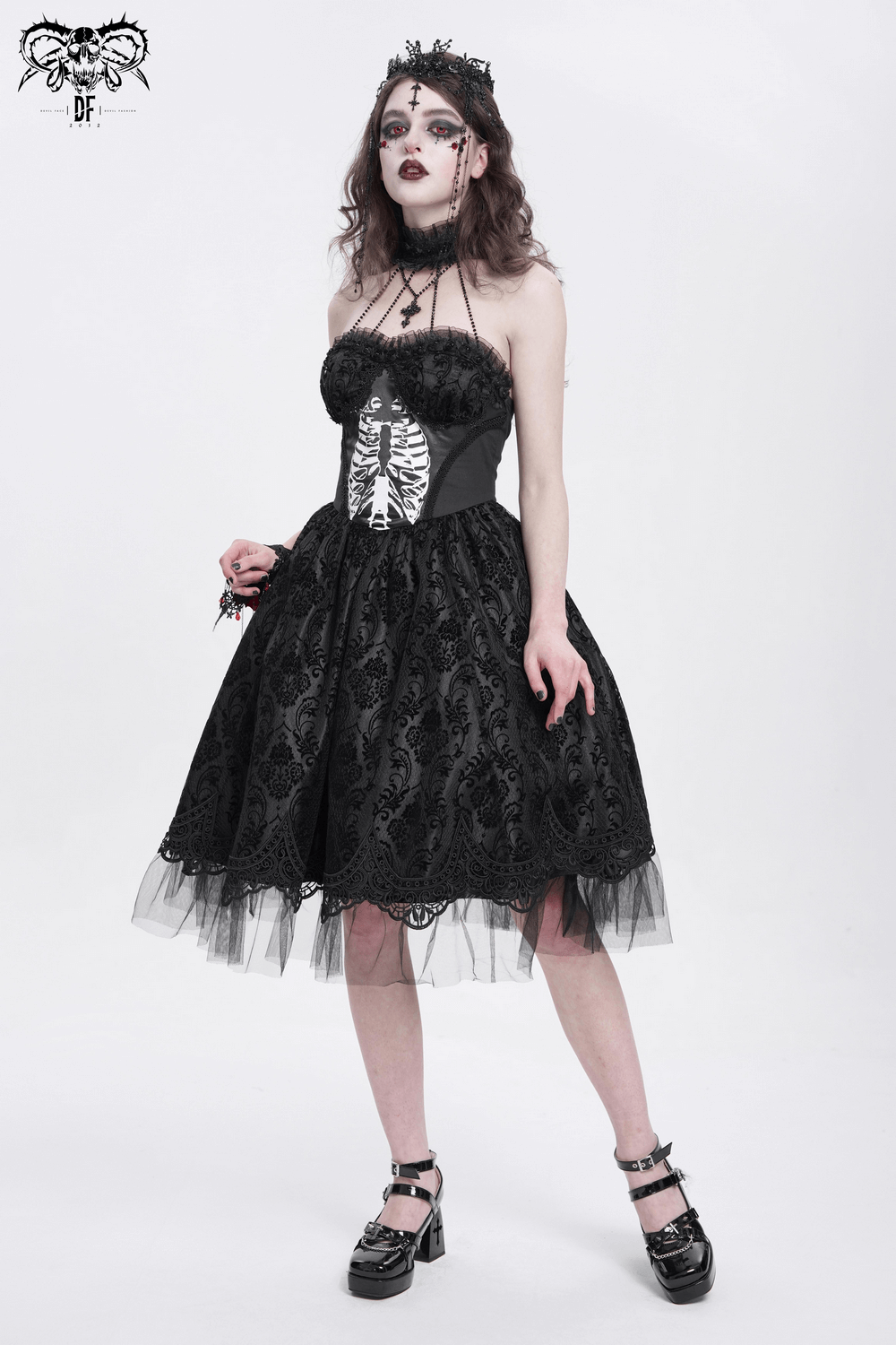 Goth Halter Dress with Lace Overlay and Tulle Skirt