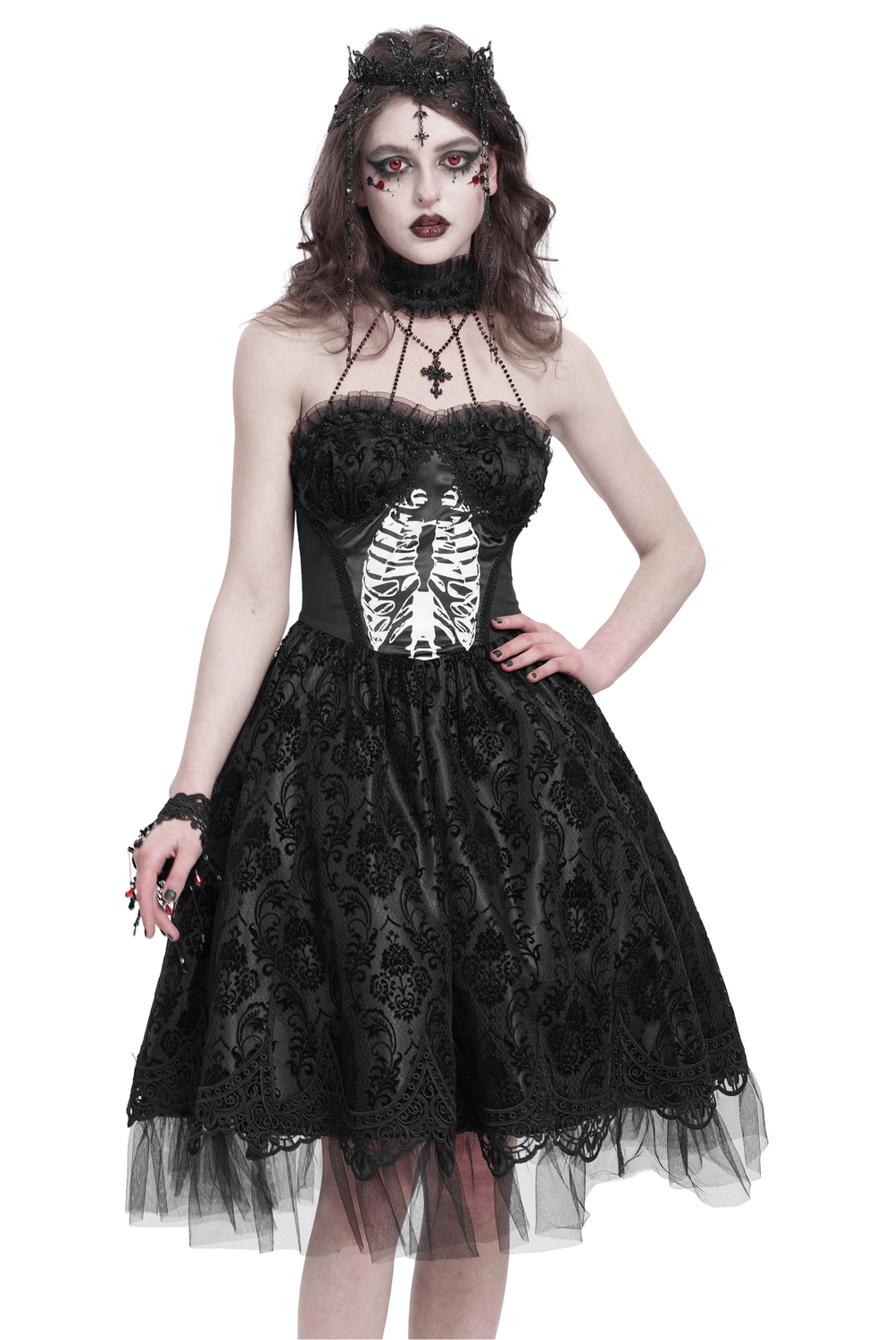 Goth Halter Dress with Lace Overlay and Tulle Skirt