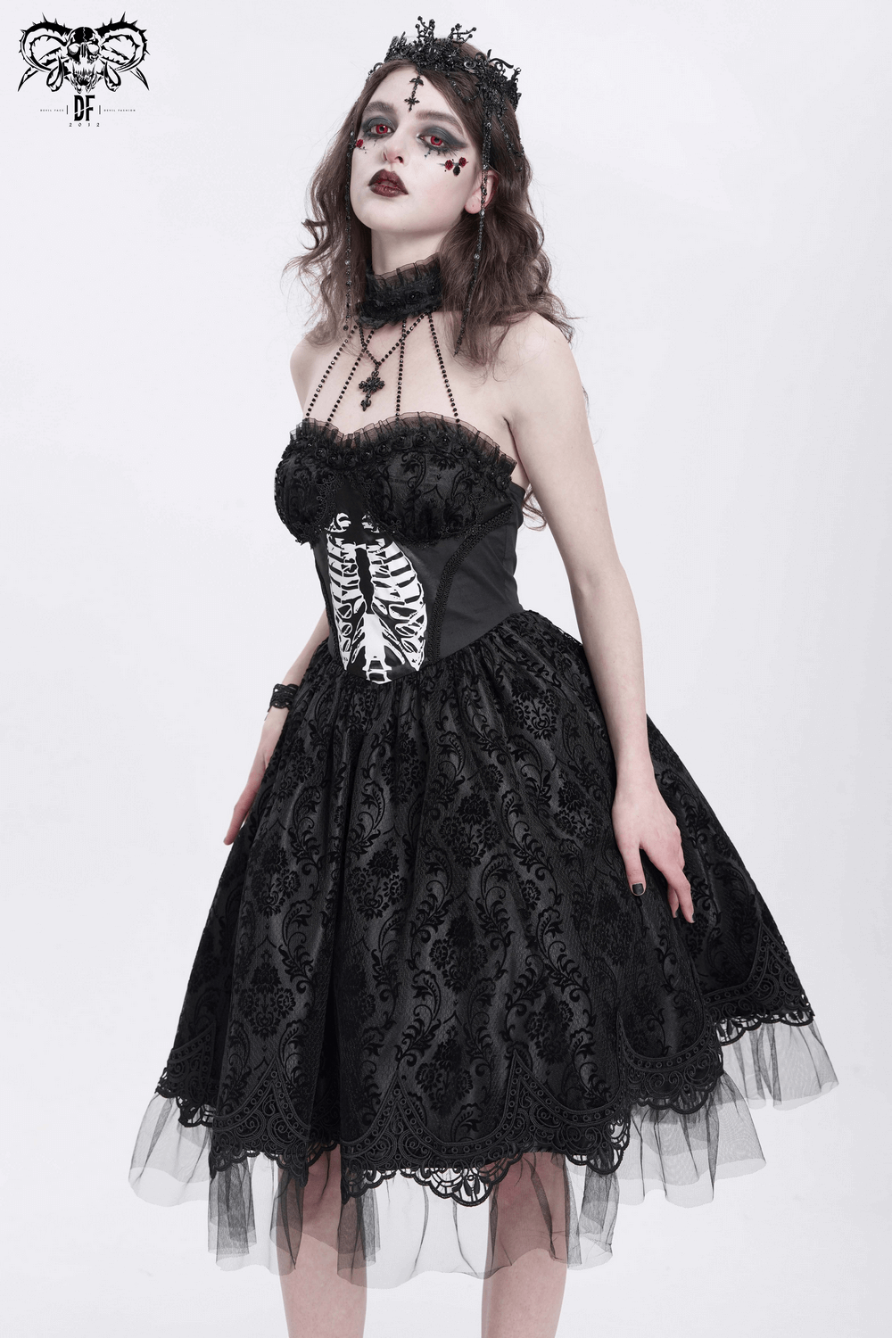 Goth Halter Dress with Lace Overlay and Tulle Skirt