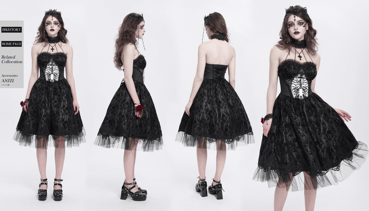 Goth Halter Dress with Lace Overlay and Tulle Skirt