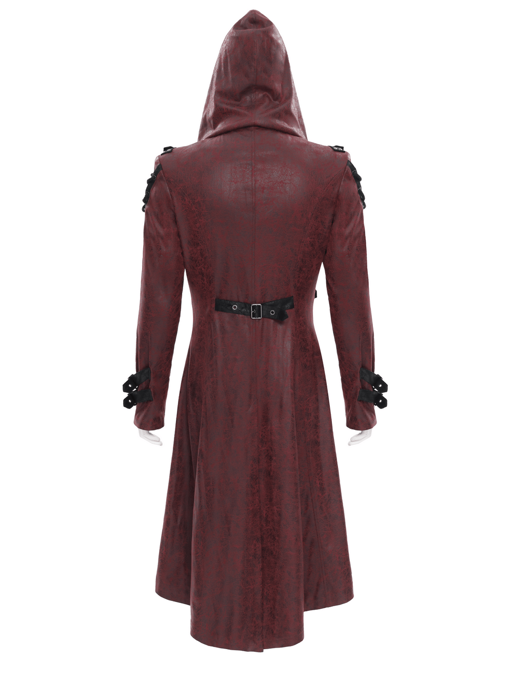 Goth Hooded Long Coat with Buckle Harness Details for Men