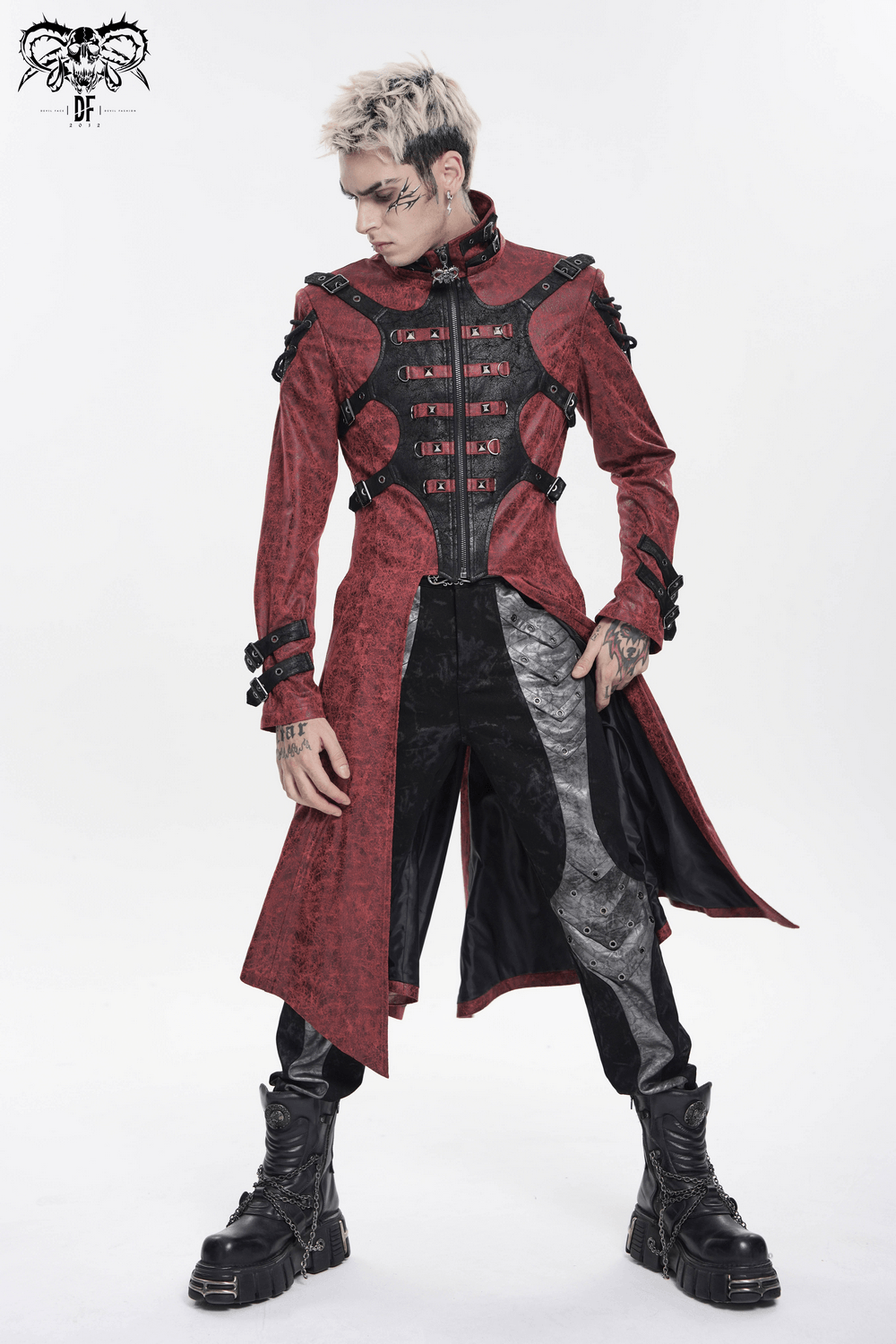 Goth Hooded Long Coat with Buckle Harness Details for Men
