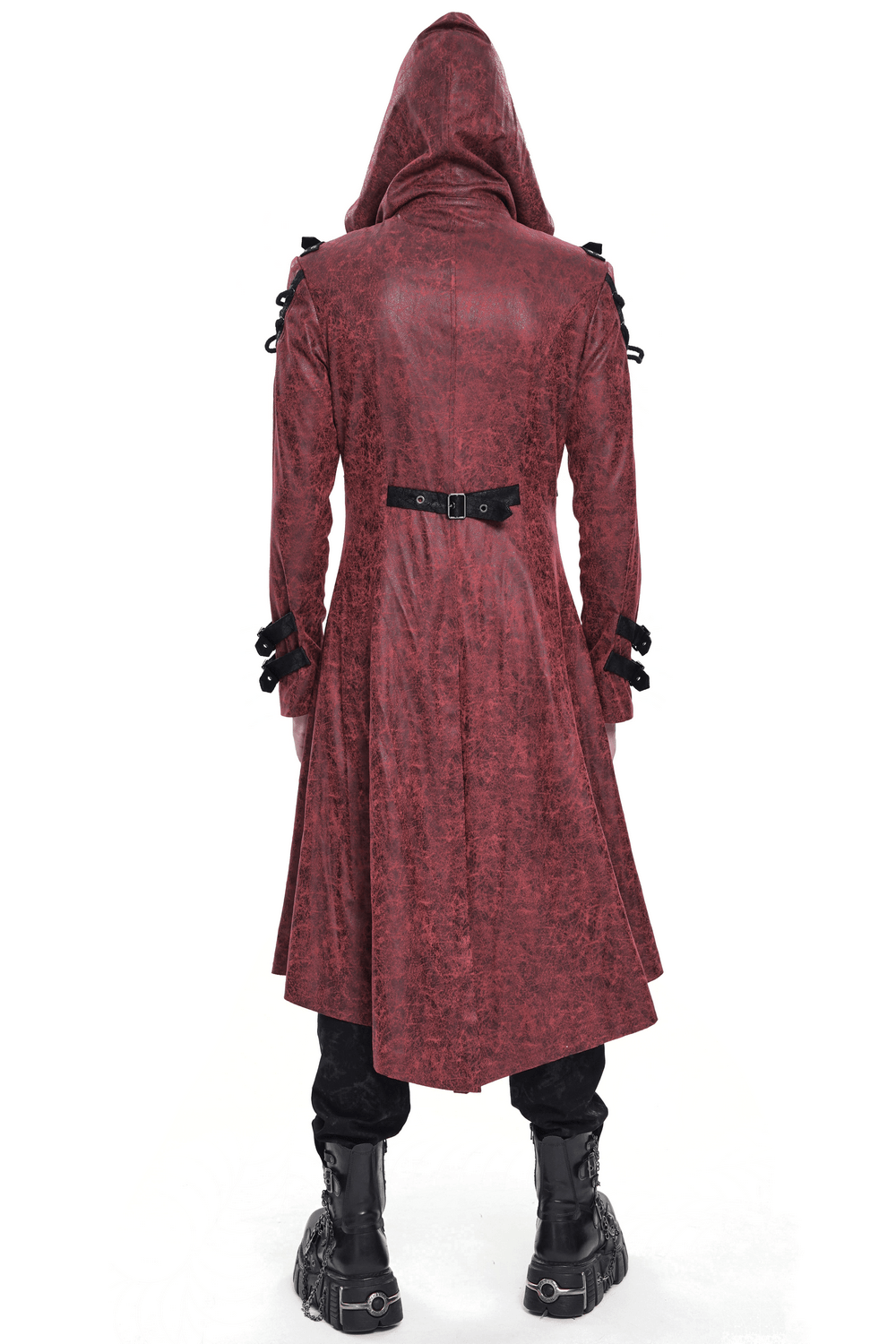 Goth Hooded Long Coat with Buckle Harness Details for Men