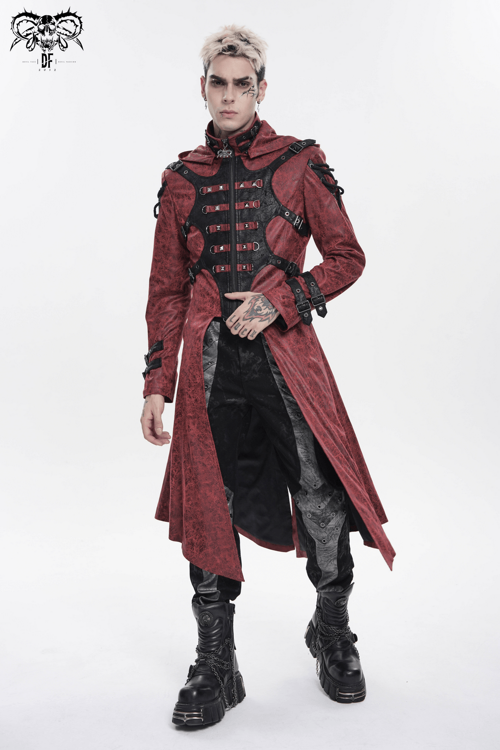 Goth Hooded Long Coat with Buckle Harness Details for Men