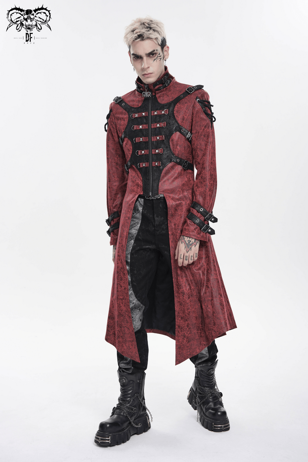 Goth Hooded Long Coat with Buckle Harness Details for Men