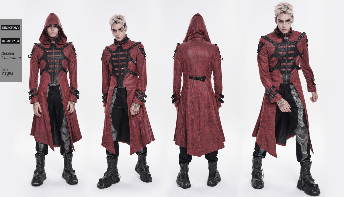 Goth Hooded Long Coat with Buckle Harness Details for Men