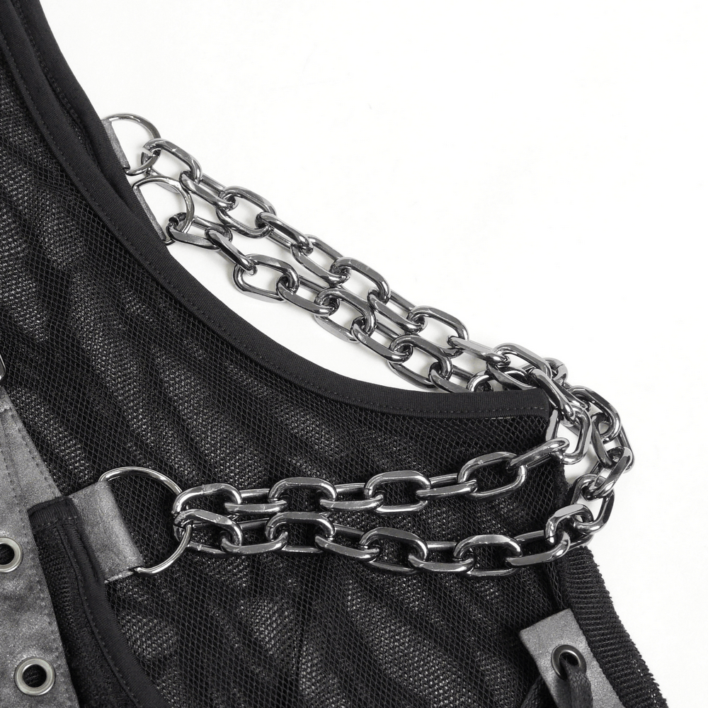 Goth Hooded Sleeveless Mesh Top with Chains and Buckle Strap