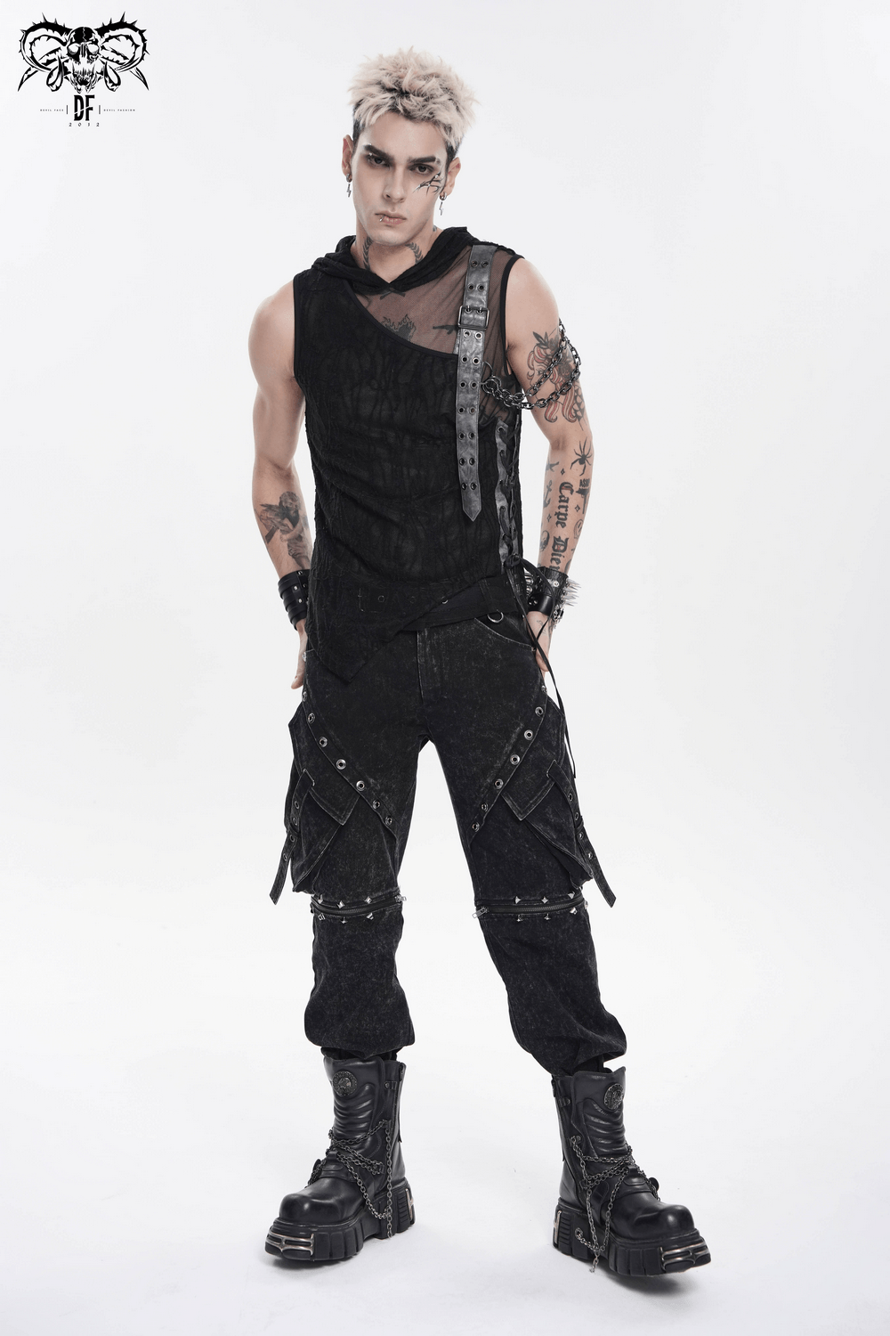 Goth Hooded Sleeveless Mesh Top with Chains and Buckle Strap