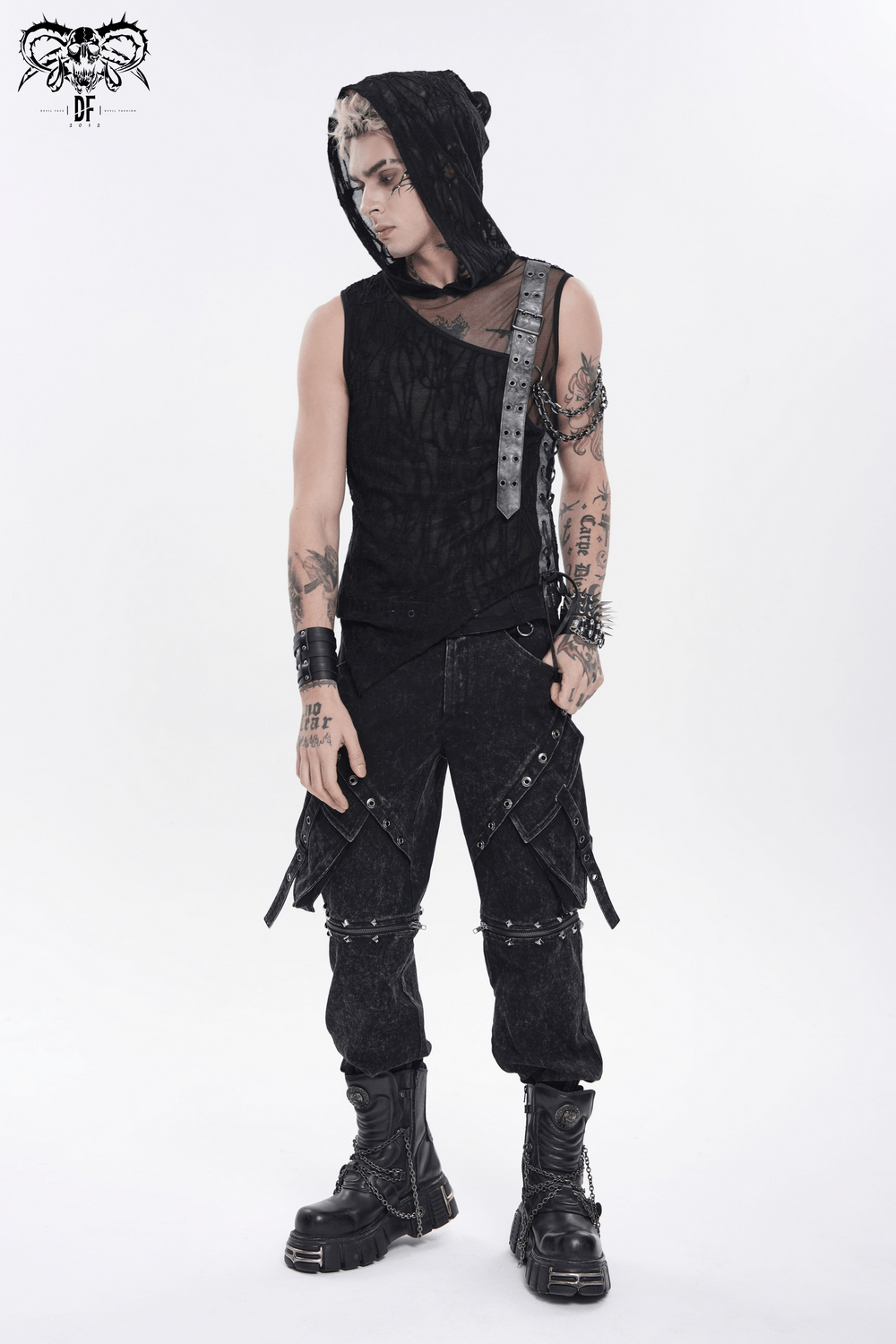 Goth Hooded Sleeveless Mesh Top with Chains and Buckle Strap