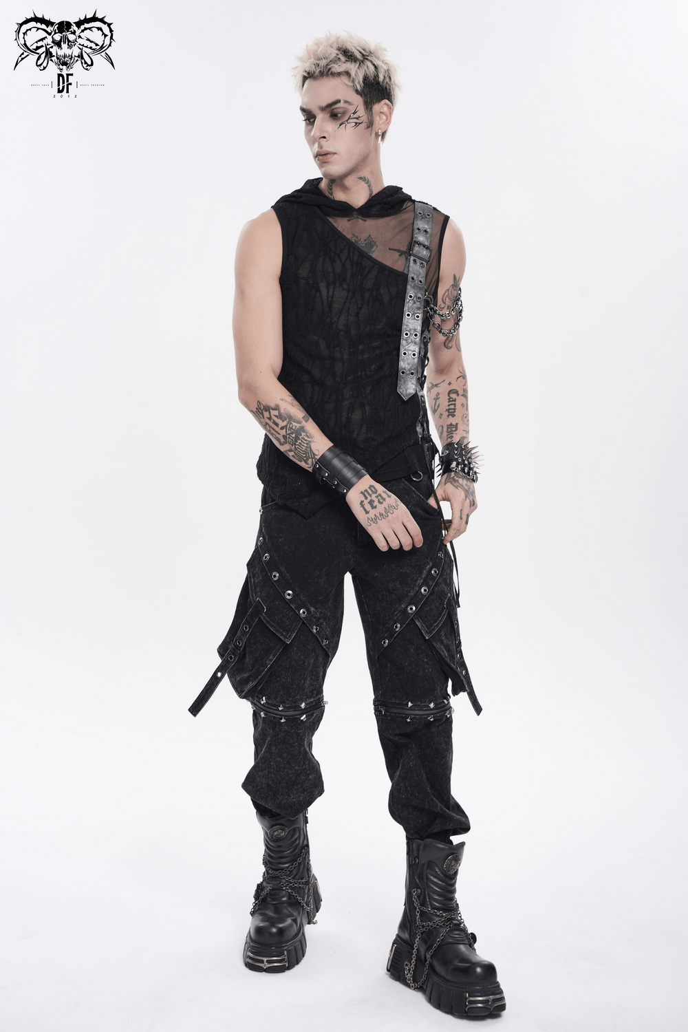 Goth Hooded Sleeveless Mesh Top with Chains and Buckle Strap