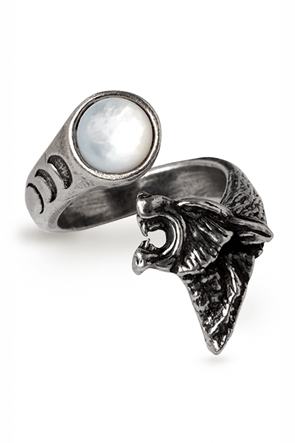 Goth Howl at the Moon Wolf Ring with Moon Cabochon