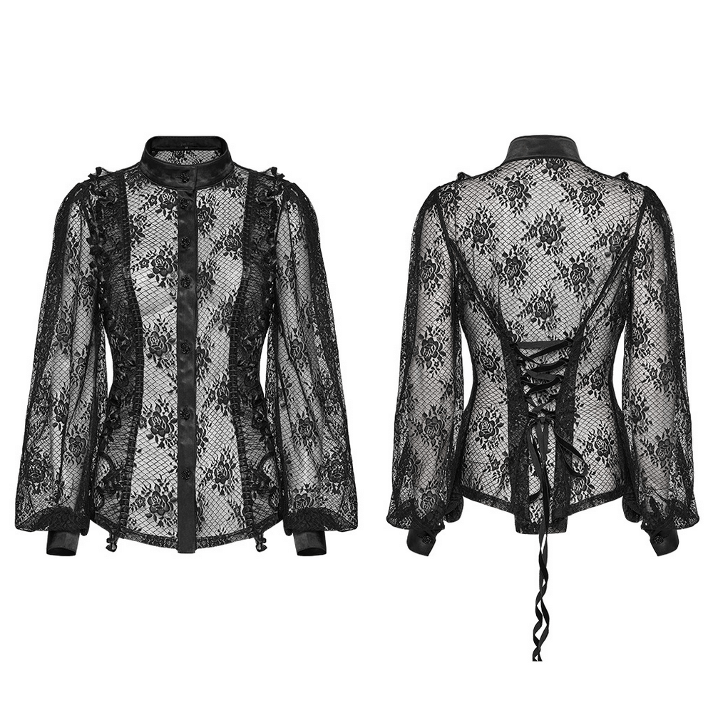 Goth Lace Transparent Blouse with Mesh and Rose Design