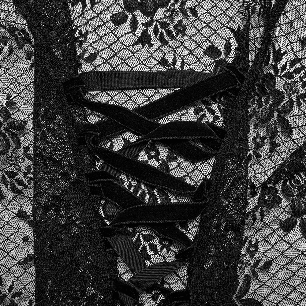Goth Lace Transparent Blouse with Mesh and Rose Design