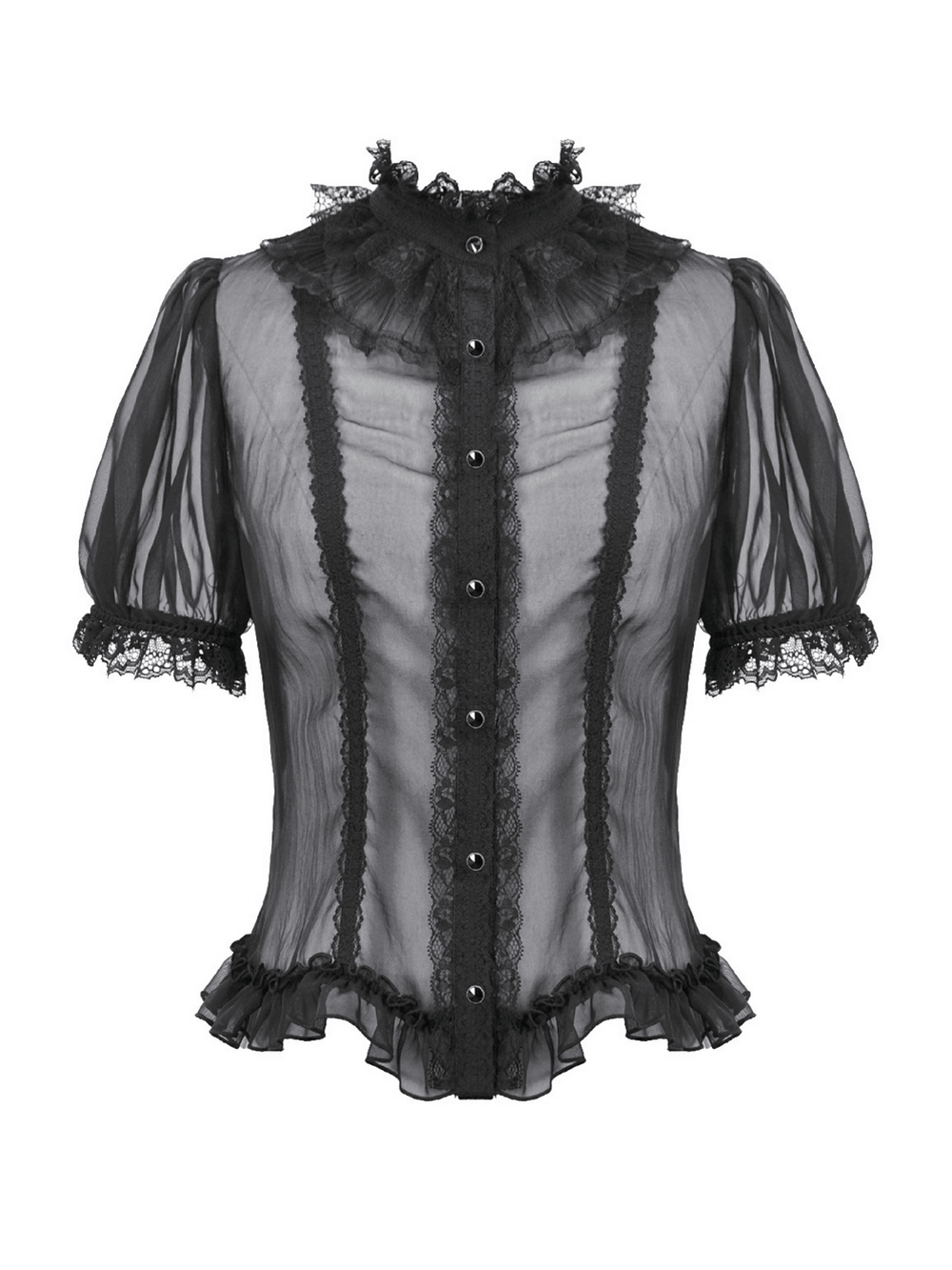 Goth Lace-Trimmed Puff Sleeved Blouse with Button Detail