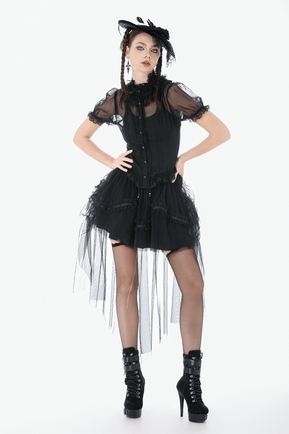 Goth Lace-Trimmed Puff Sleeved Blouse with Button Detail