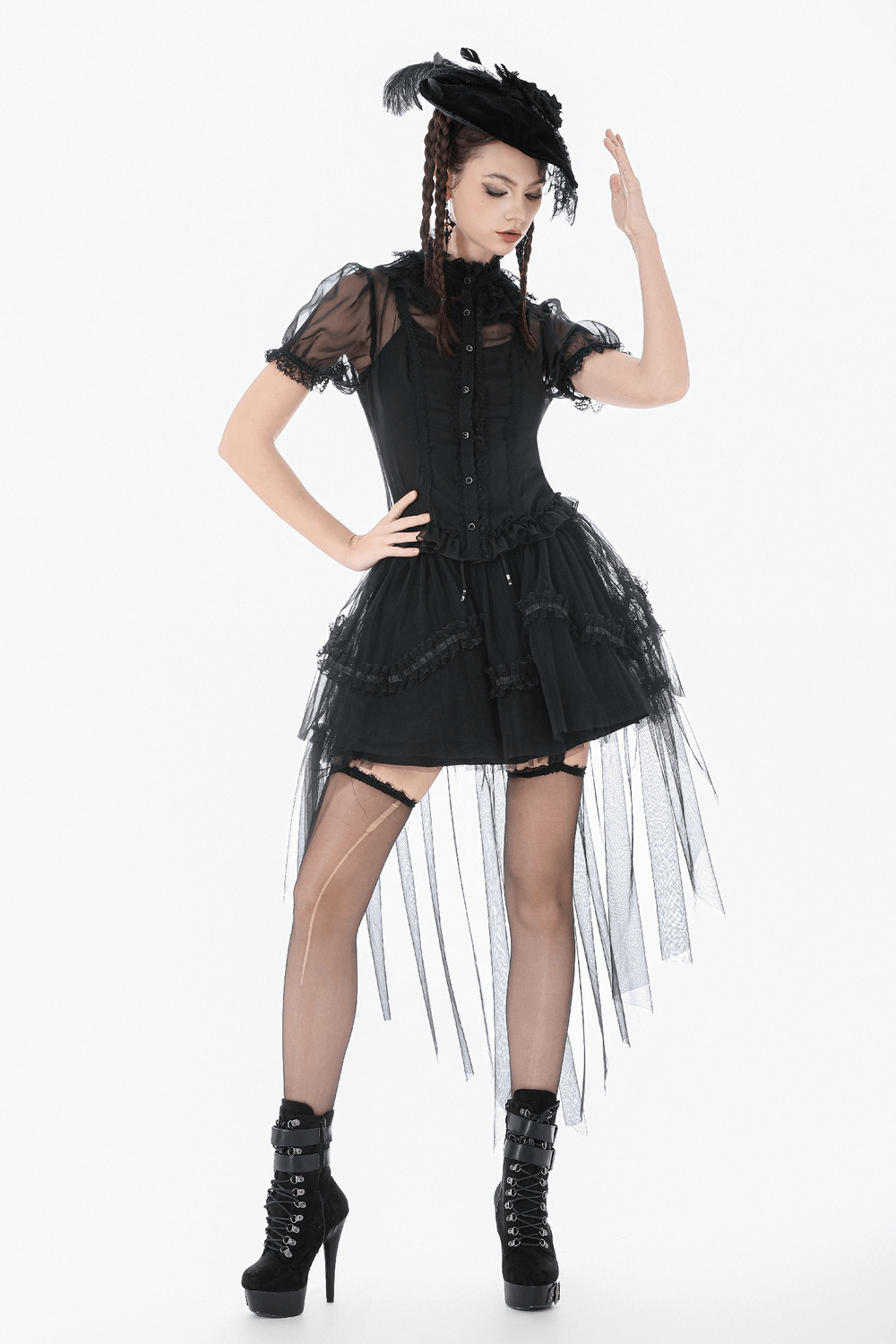 Goth Lace-Trimmed Puff Sleeved Blouse with Button Detail