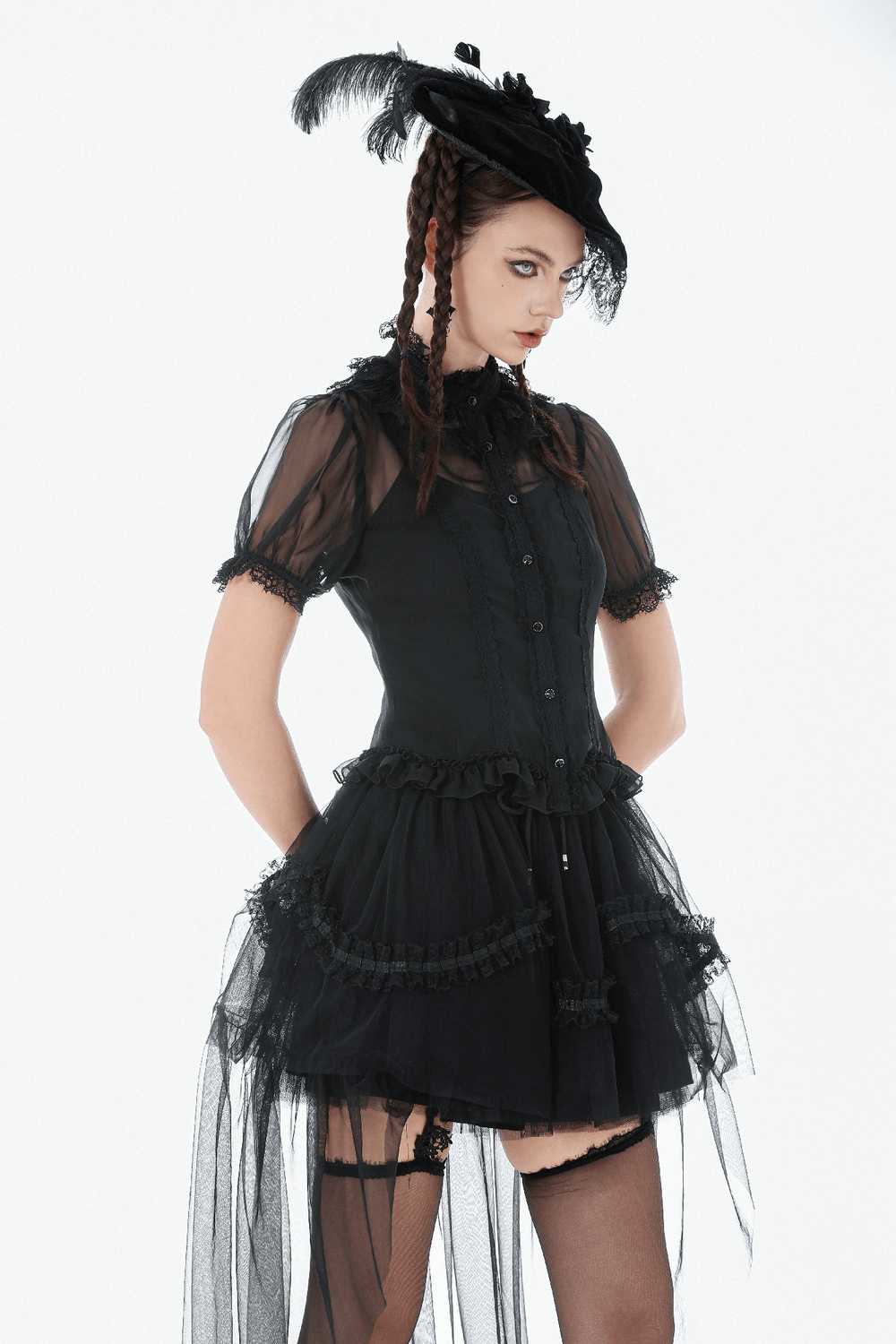 Goth Lace-Trimmed Puff Sleeved Blouse with Button Detail