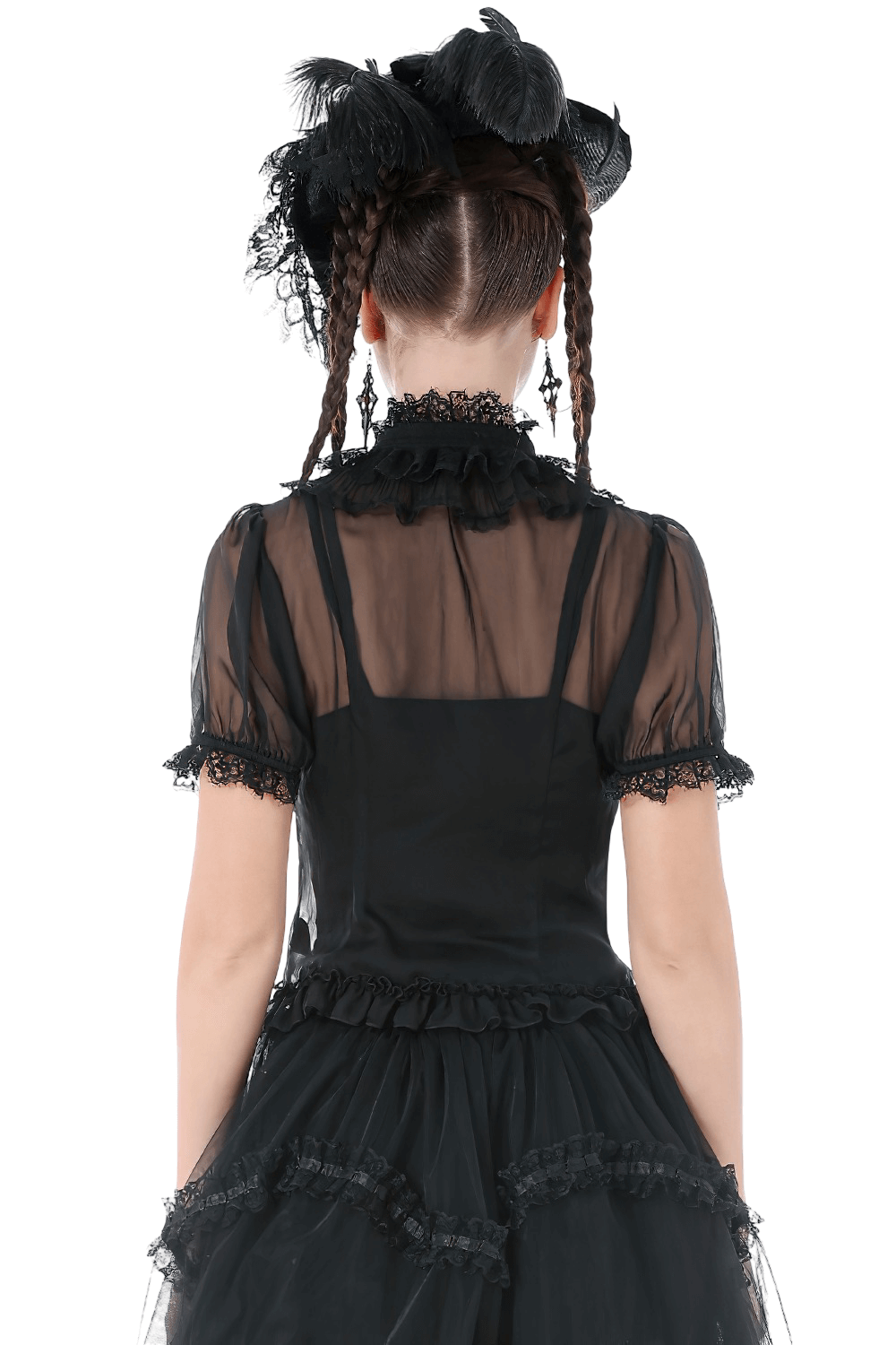 Goth Lace-Trimmed Puff Sleeved Blouse with Button Detail