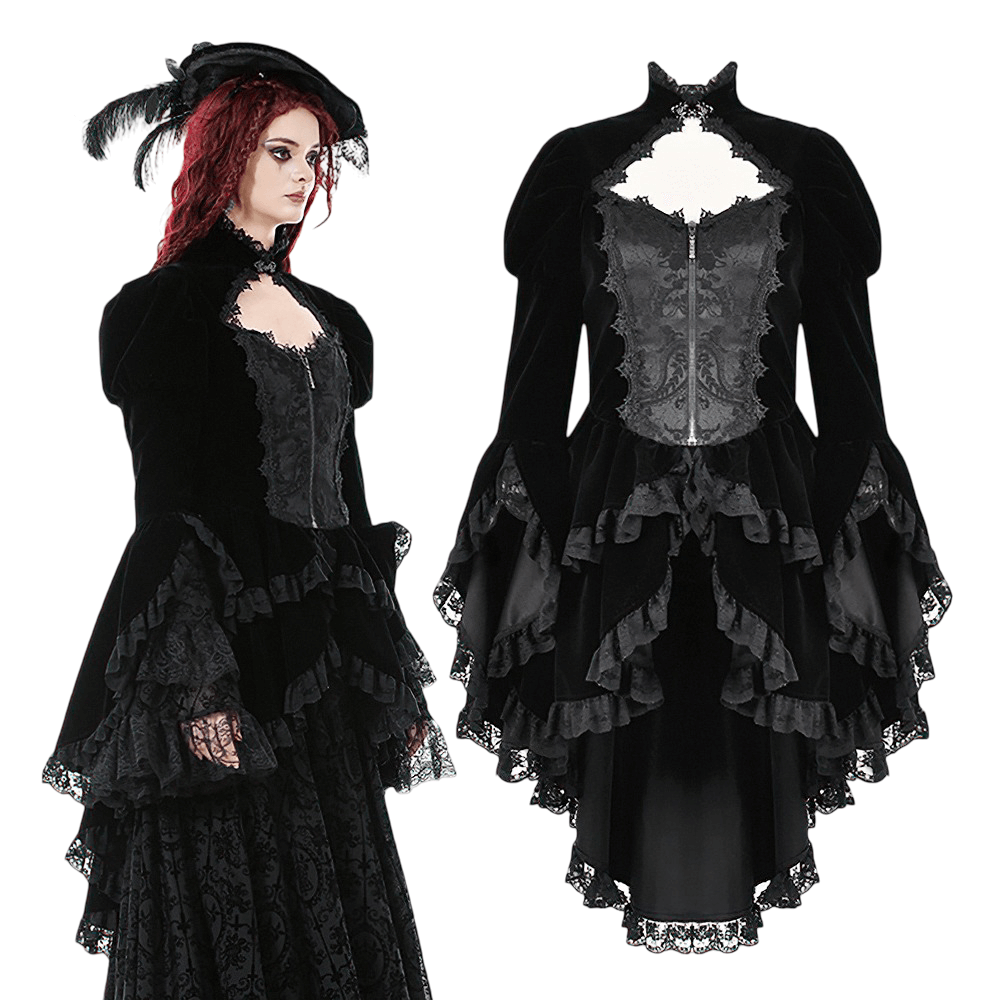 Goth Lace-Up Tiered High-Low Jacket with Bell Sleeves
