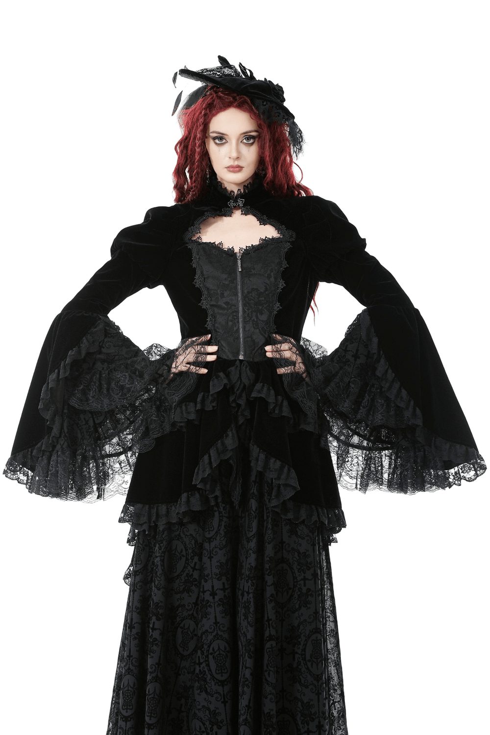 Goth Lace-Up Tiered High-Low Jacket with Bell Sleeves