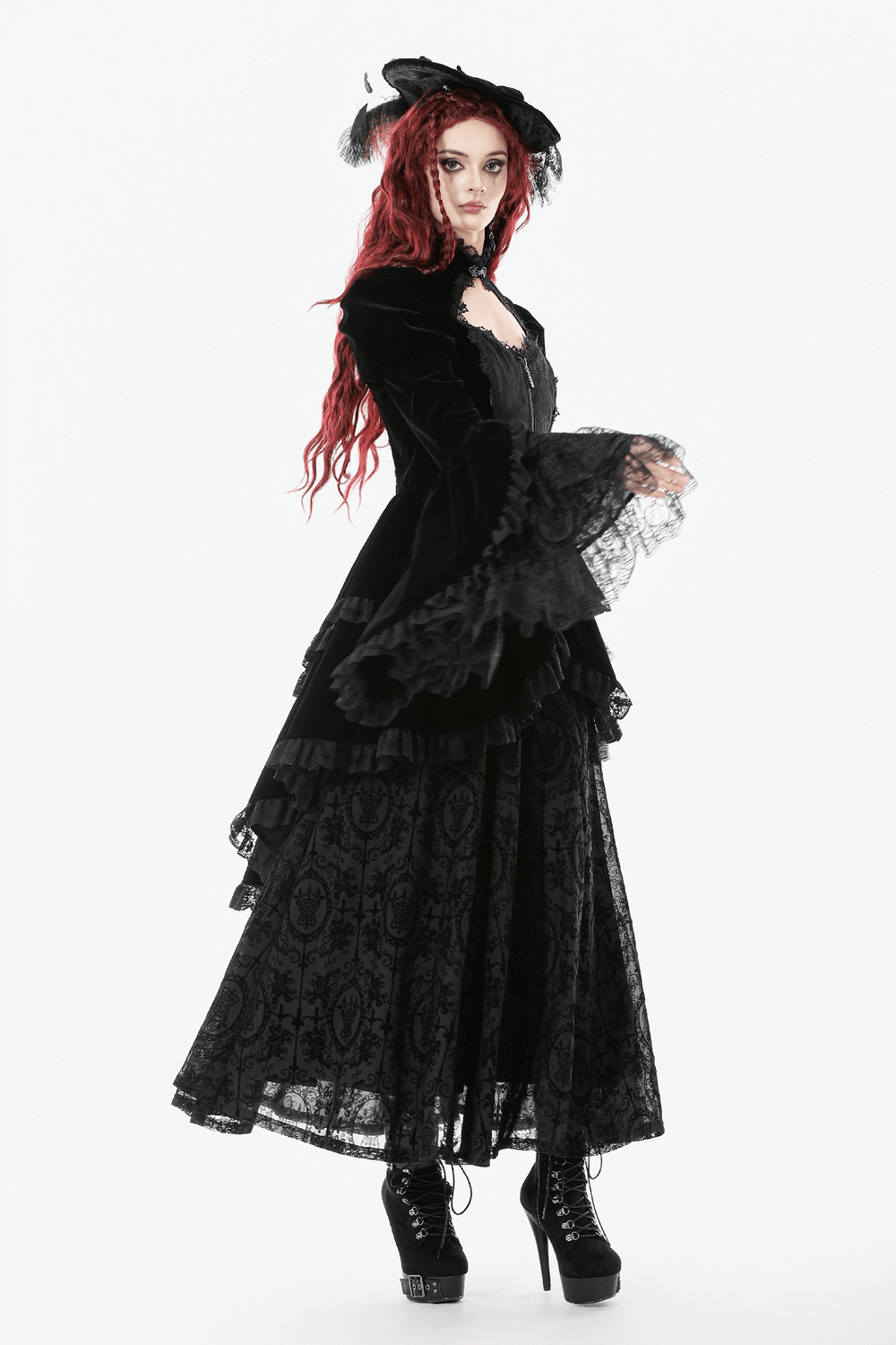 Goth Lace-Up Tiered High-Low Jacket with Bell Sleeves