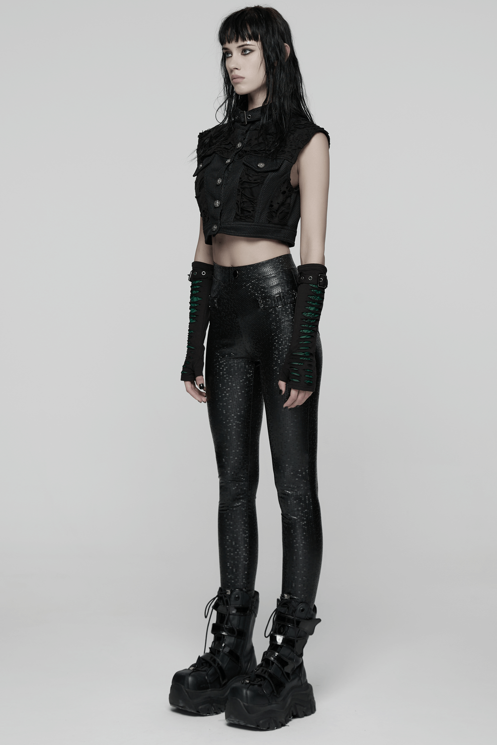 Goth Leggings with Stretch Fabric and Buckle Straps Pockets