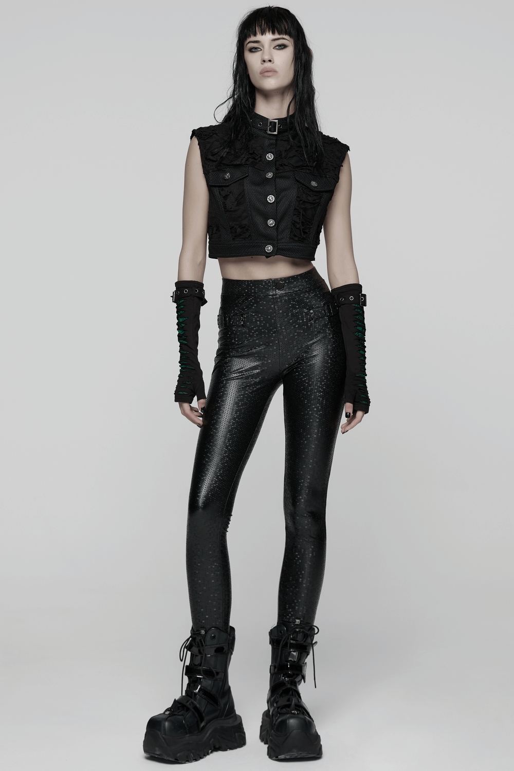 Goth Leggings with Stretch Fabric and Buckle Straps Pockets
