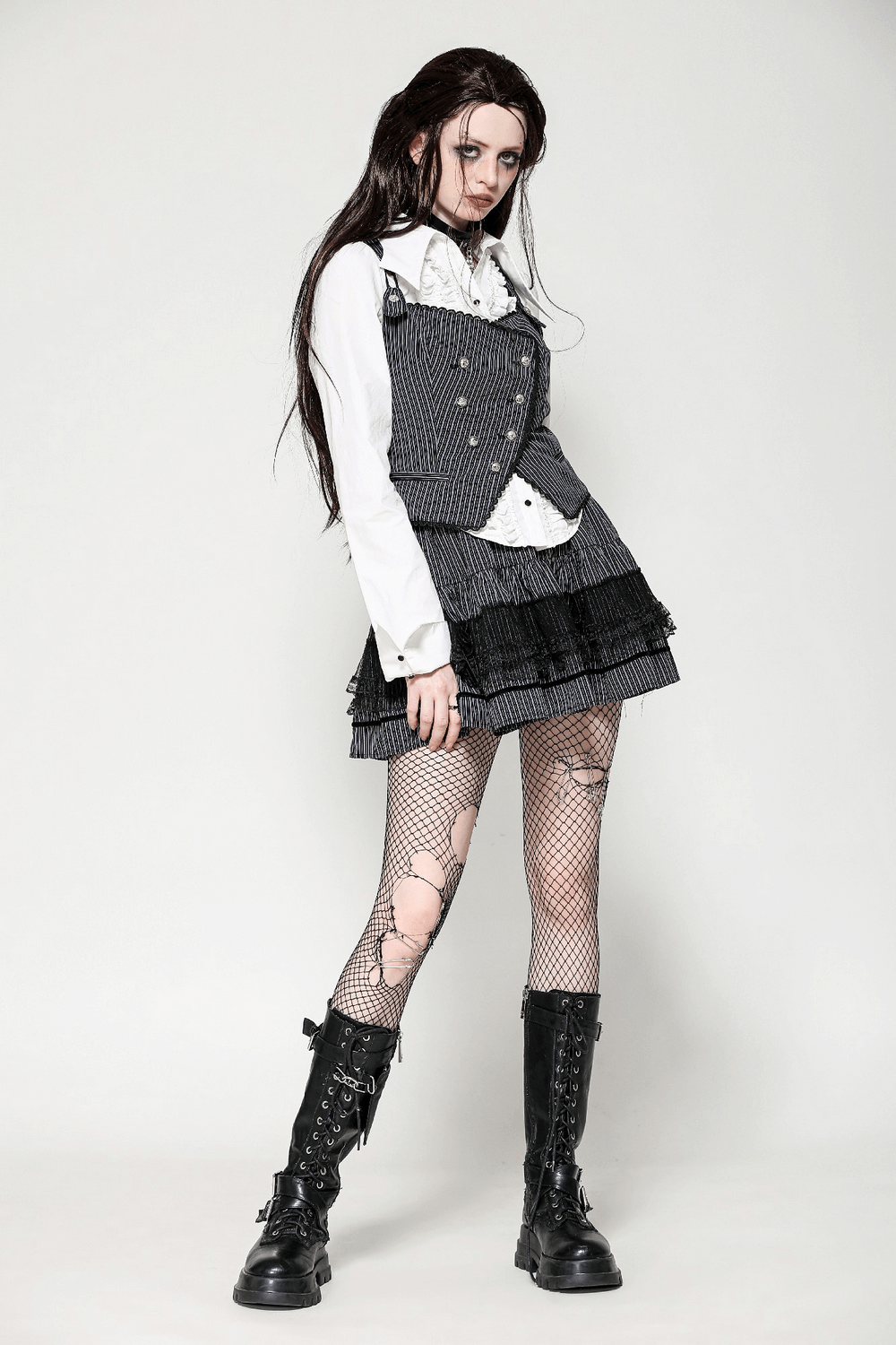 Goth Pinstripe Double-Breasted Vest with Straps