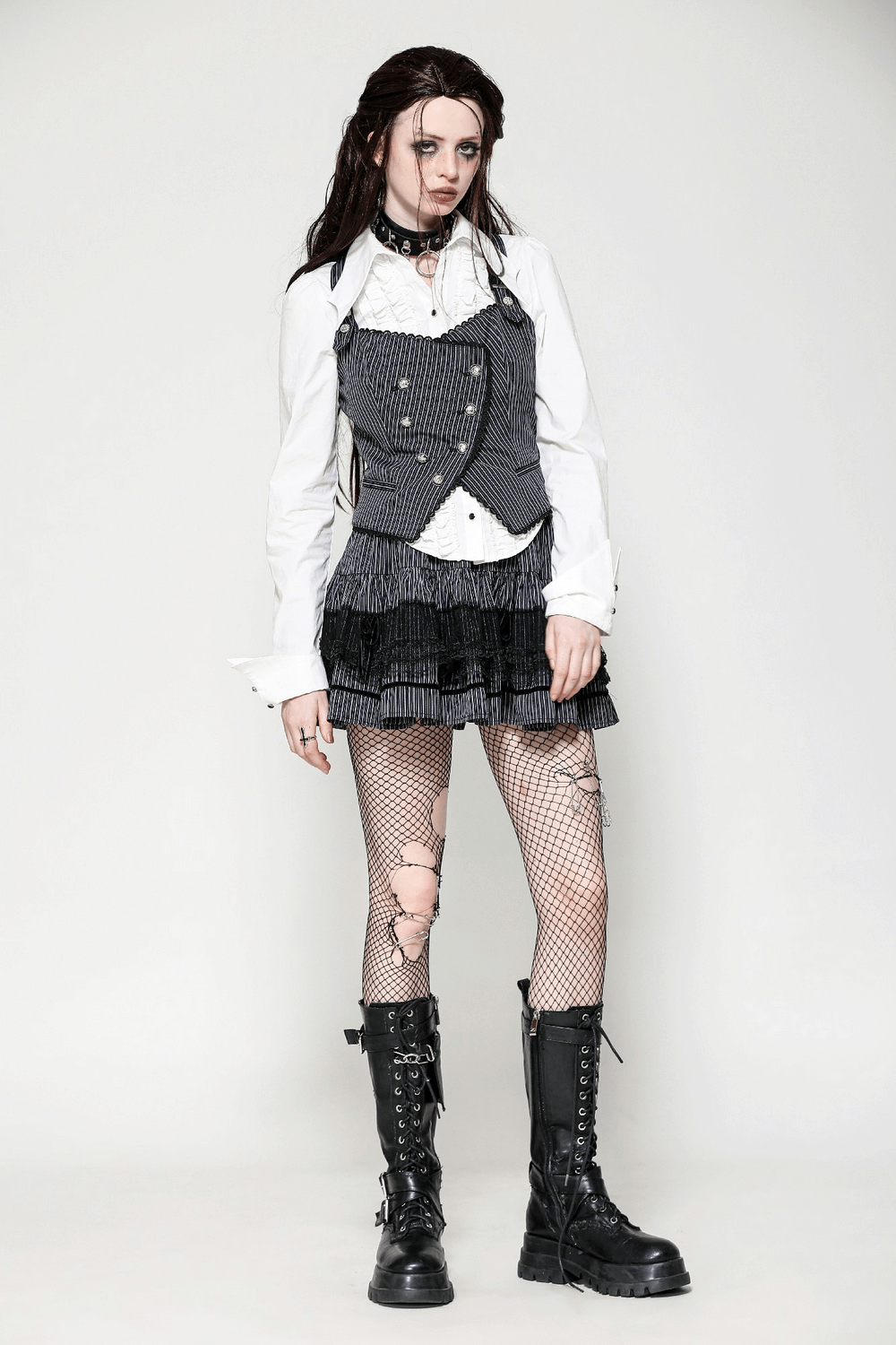 Goth Pinstripe Double-Breasted Vest with Straps