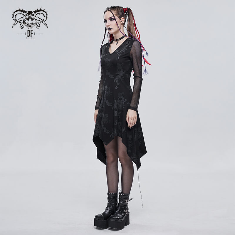 Goth Punk Drawstring Decoration V-neck Printed Asymmetrical Dress