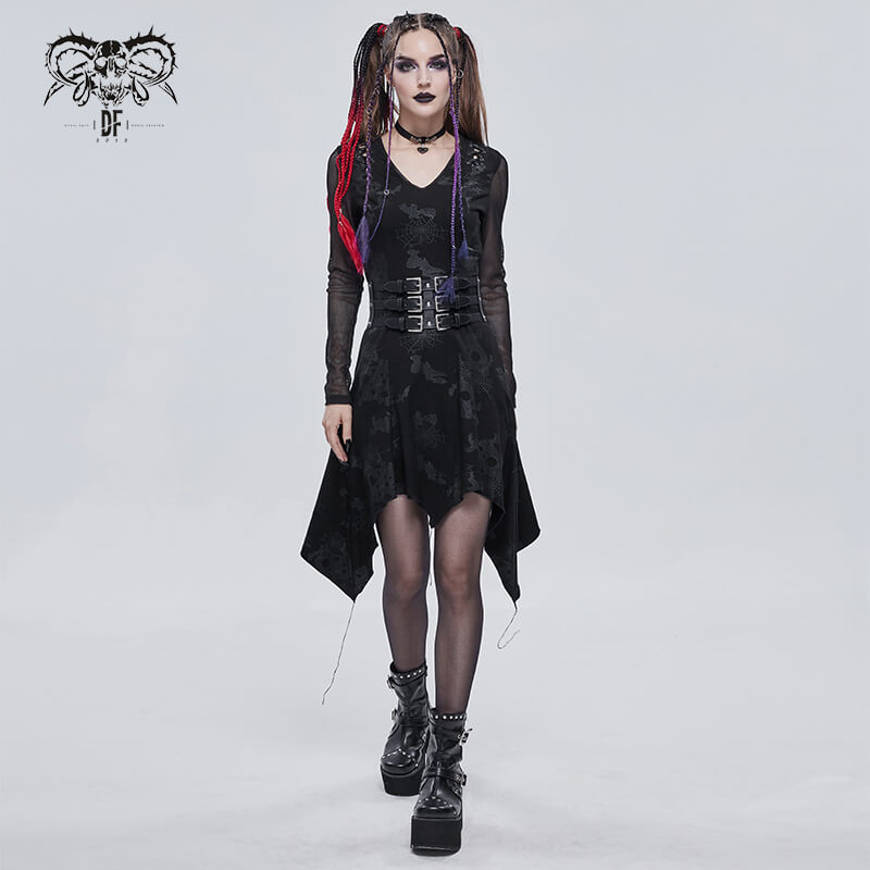 Goth Punk Drawstring Decoration V-neck Printed Asymmetrical Dress