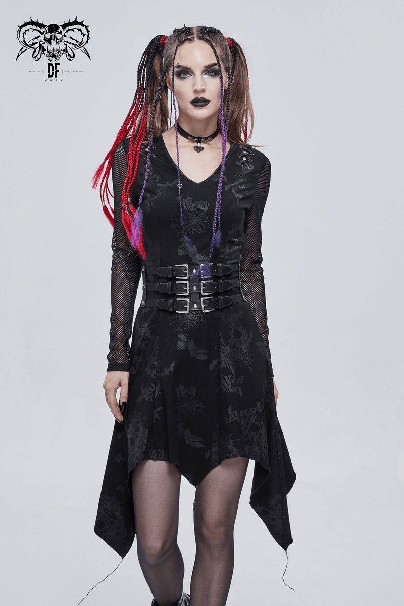 Goth Punk Drawstring Decoration V-neck Printed Asymmetrical Dress