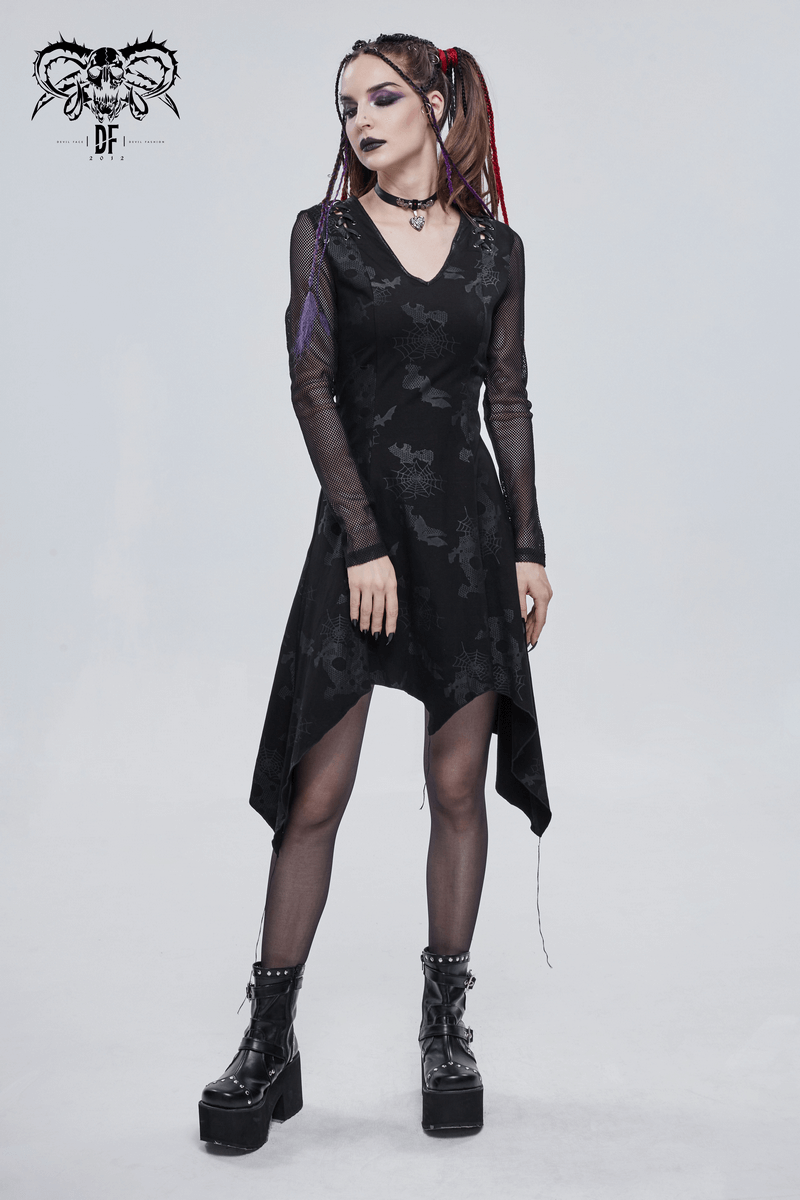 Goth Punk Drawstring Decoration V-neck Printed Asymmetrical Dress