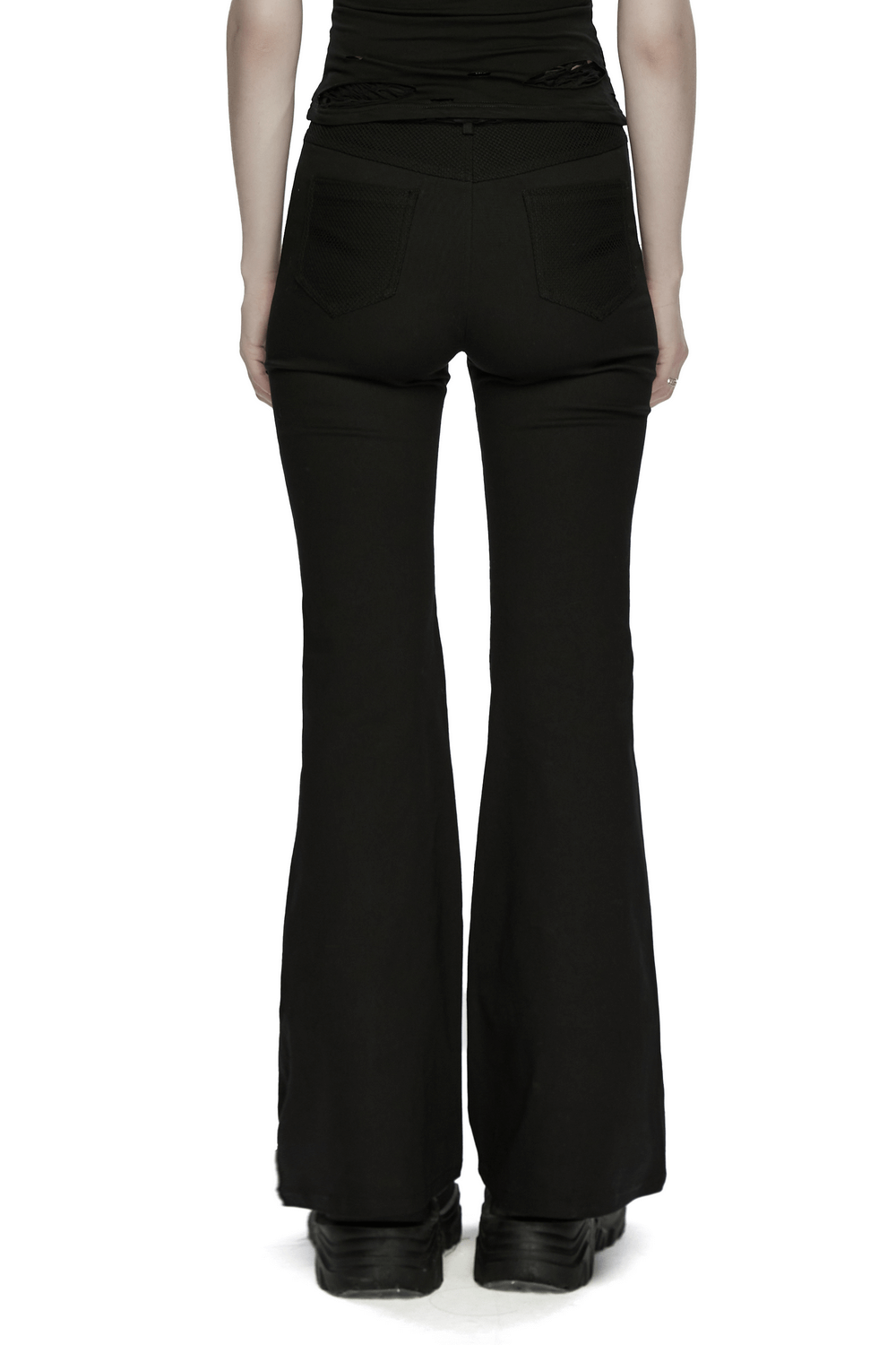 Goth Punk Mesh Flare Pants with Strap Buckle Detail