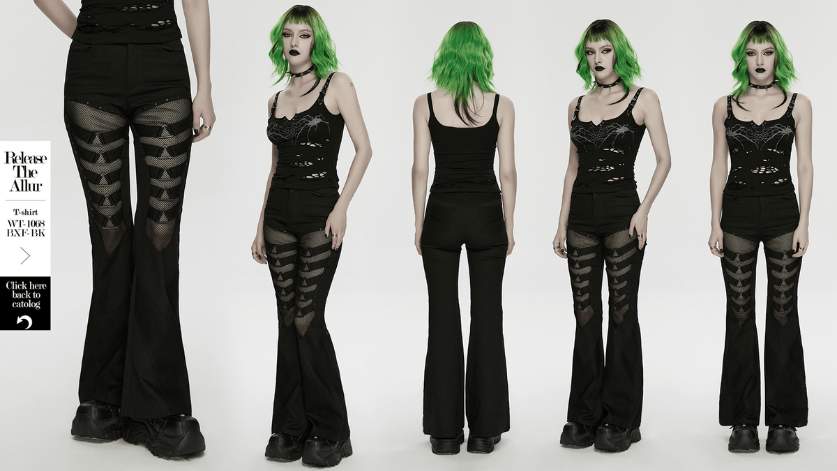 Goth Punk Mesh Flare Pants with Strap Buckle Detail