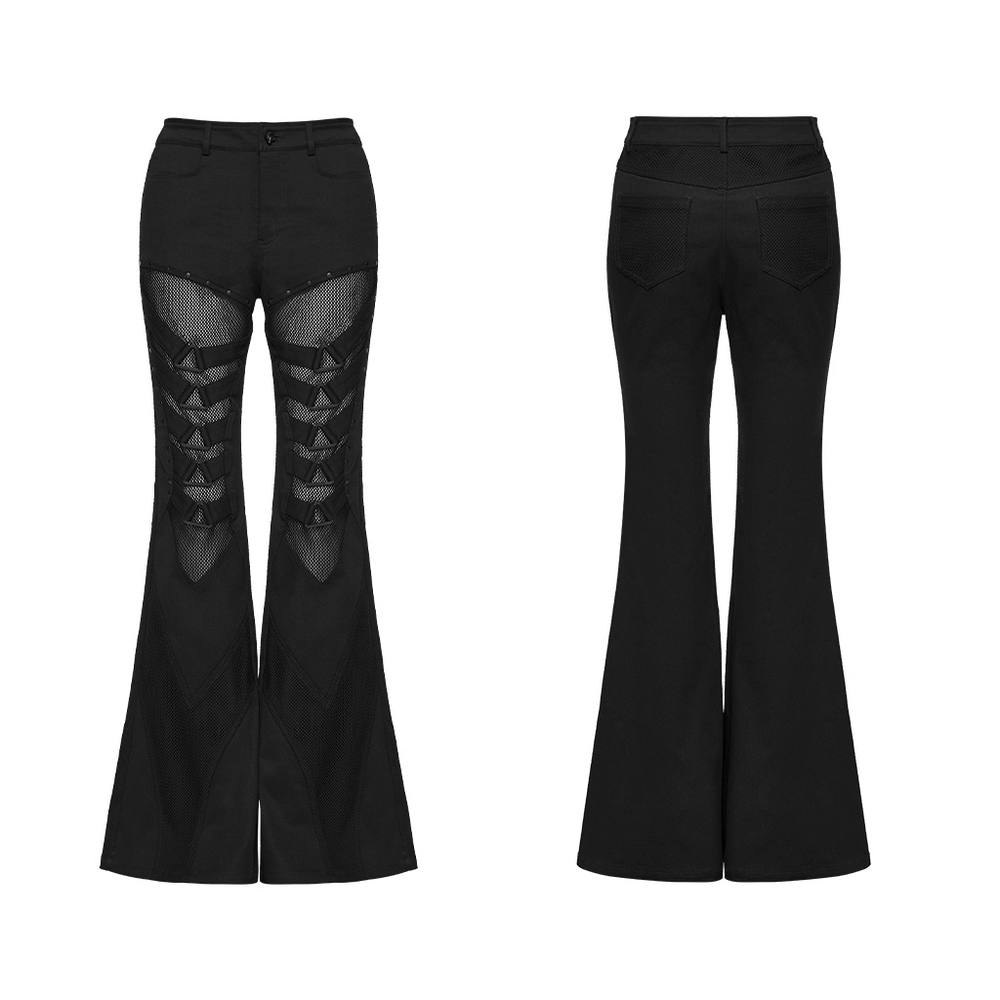 Goth Punk Mesh Flare Pants with Strap Buckle Detail