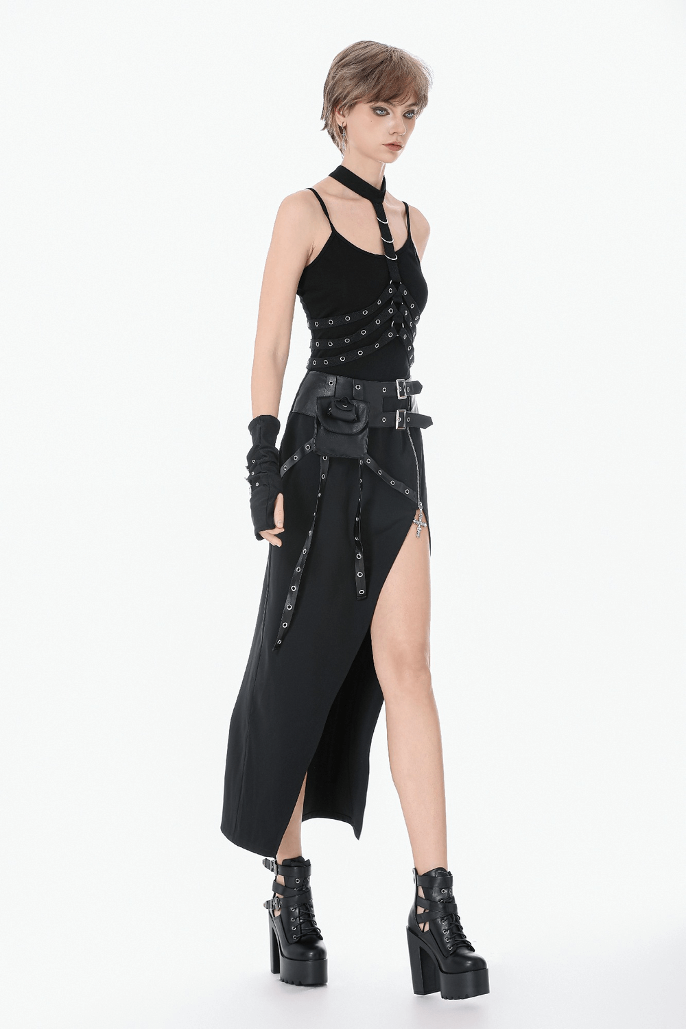 Goth Punk Strappy Chest Harness with Metal Eyelets