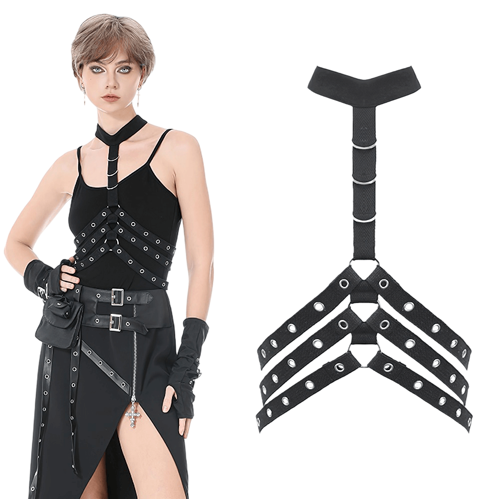 Goth Punk Strappy Chest Harness with Metal Eyelets