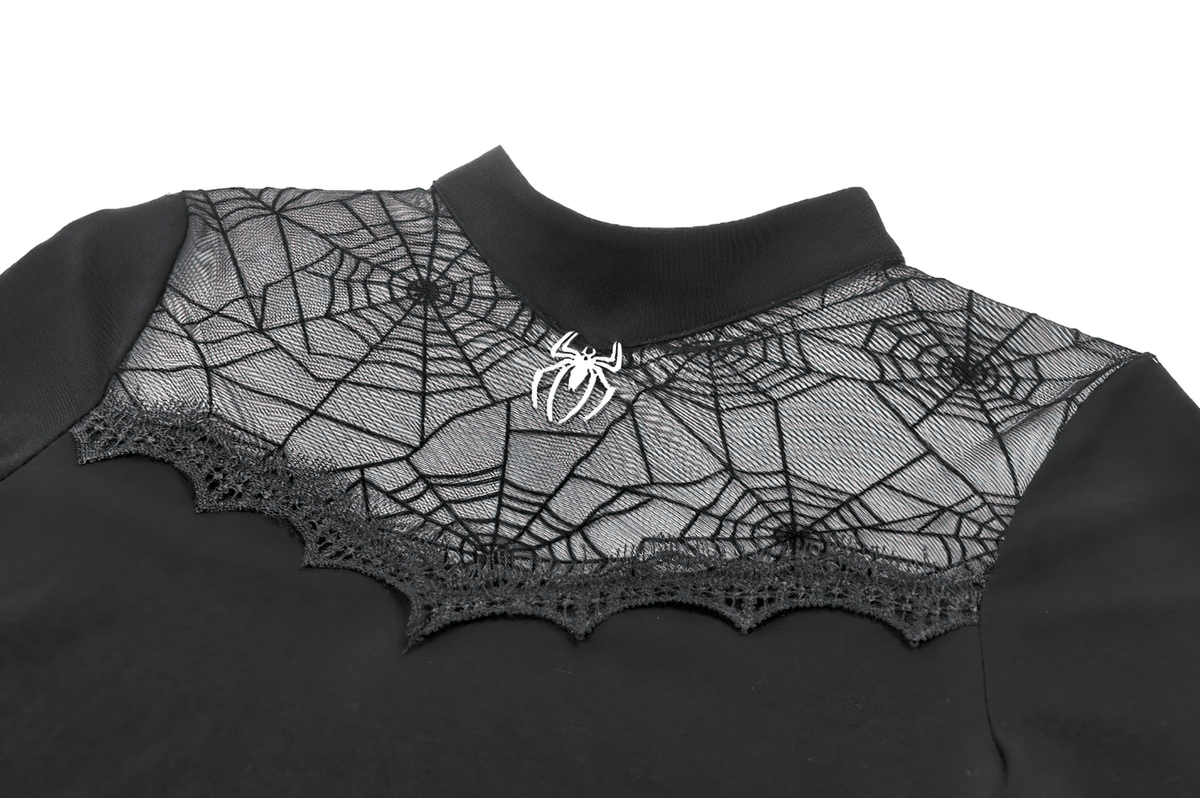 Goth Spiderweb Mesh Top with Mock Neck and Lace