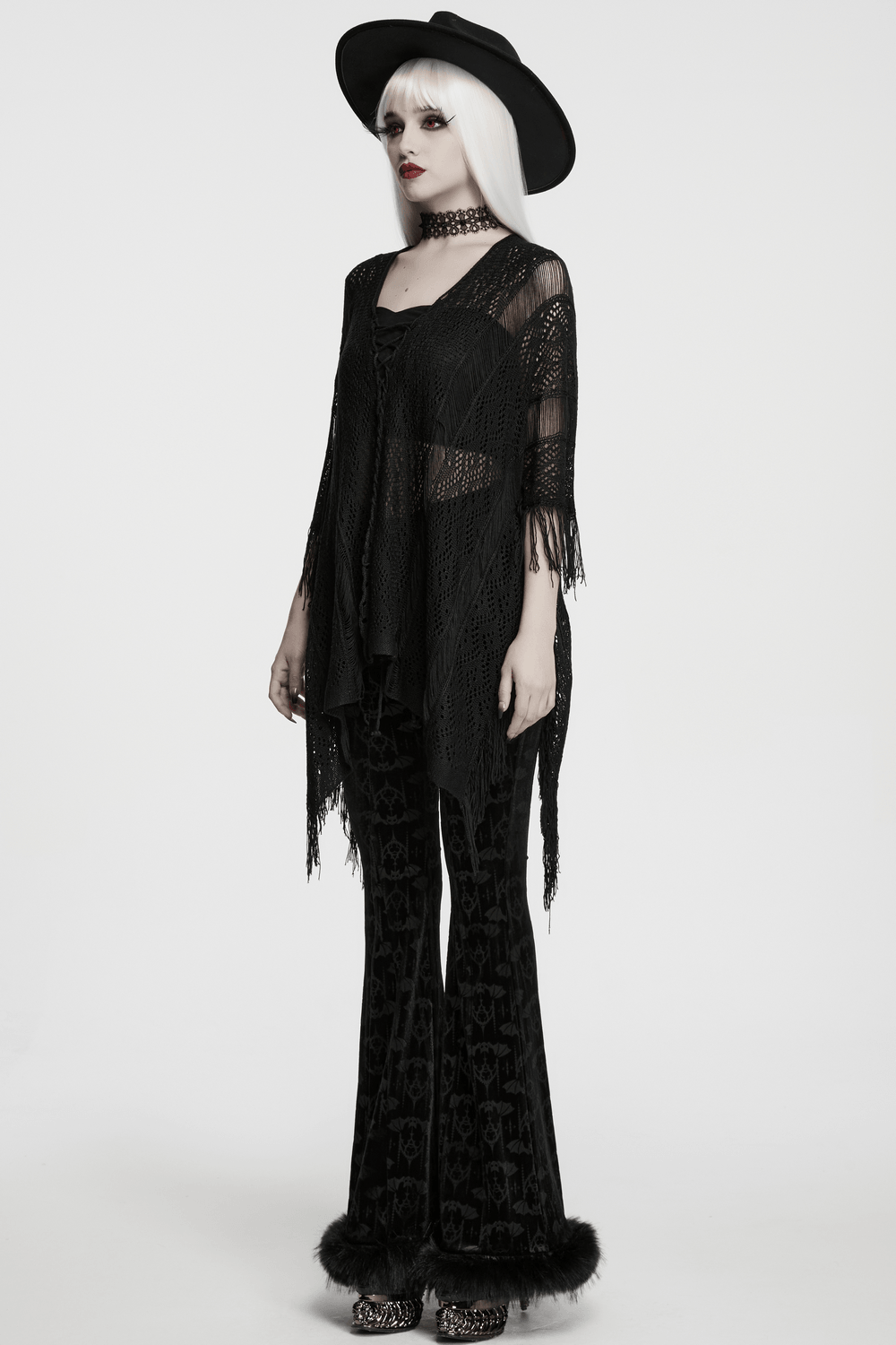 Goth Tassel Bat Sweater with Knitted Mesh and Drawstring