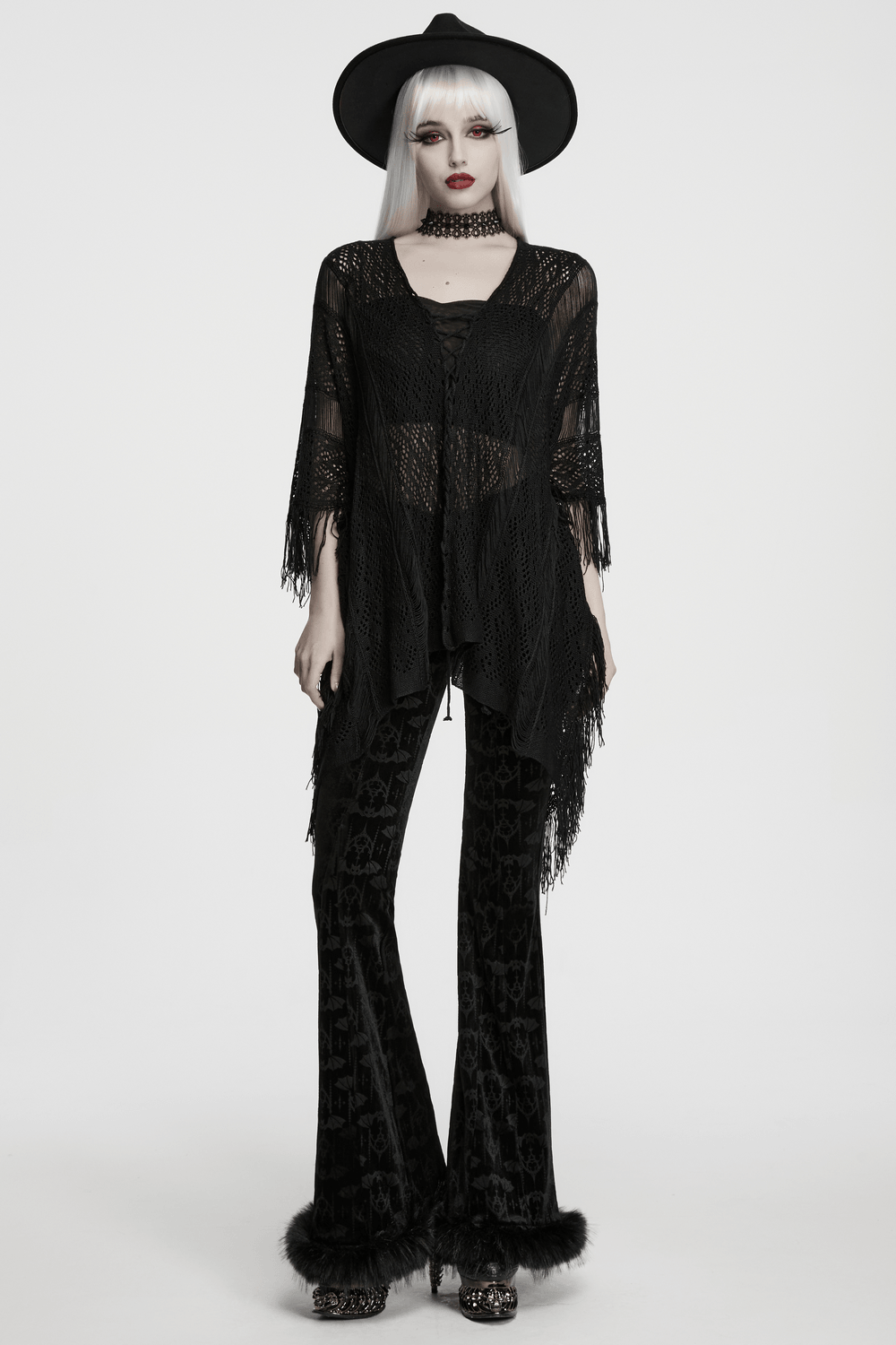 Goth Tassel Bat Sweater with Knitted Mesh and Drawstring