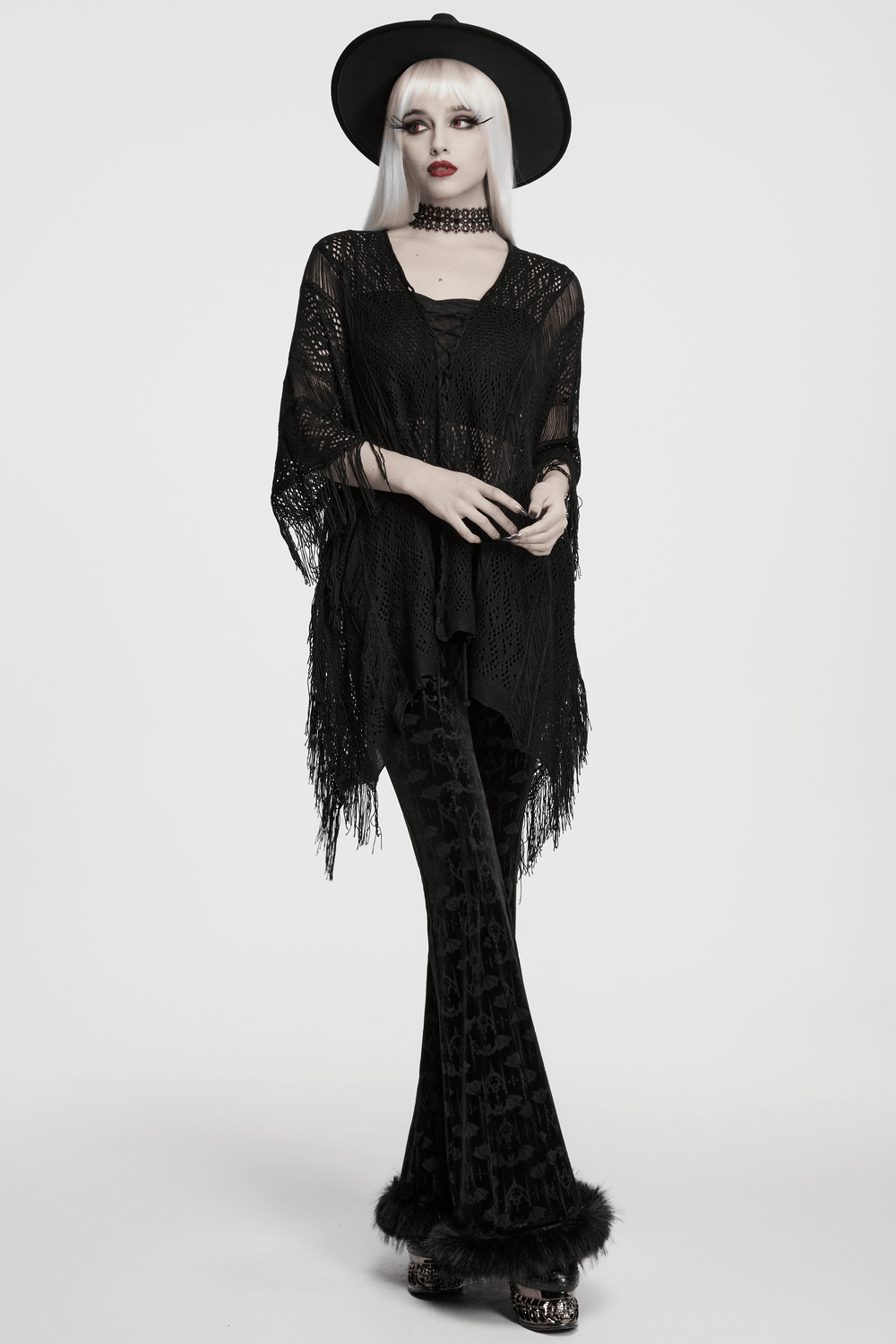 Goth Tassel Bat Sweater with Knitted Mesh and Drawstring