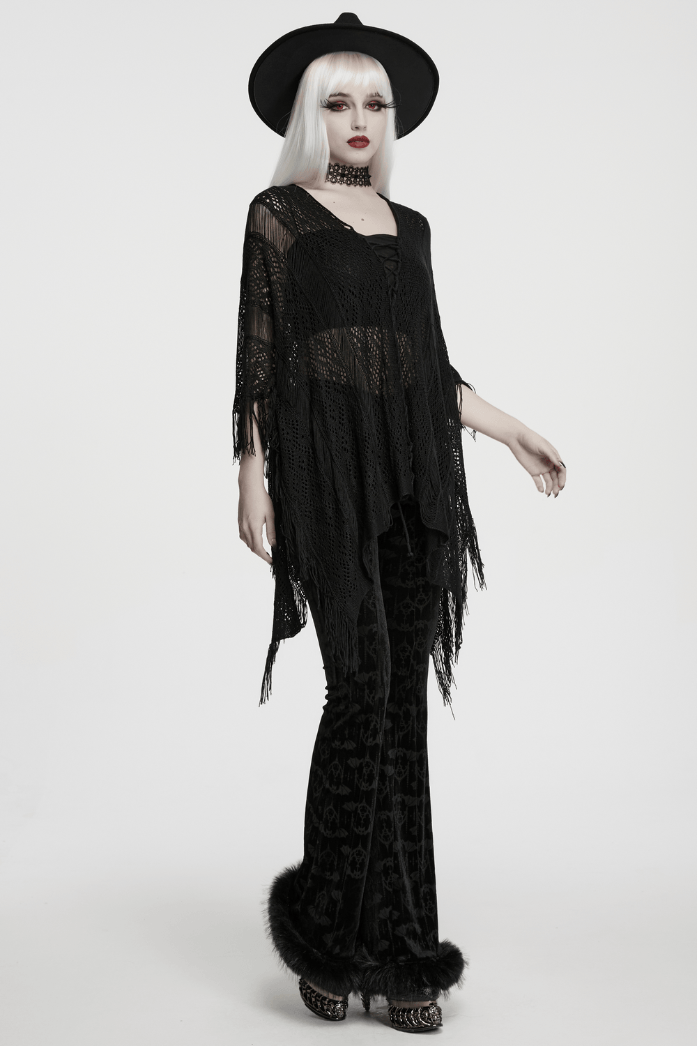 Goth Tassel Bat Sweater with Knitted Mesh and Drawstring